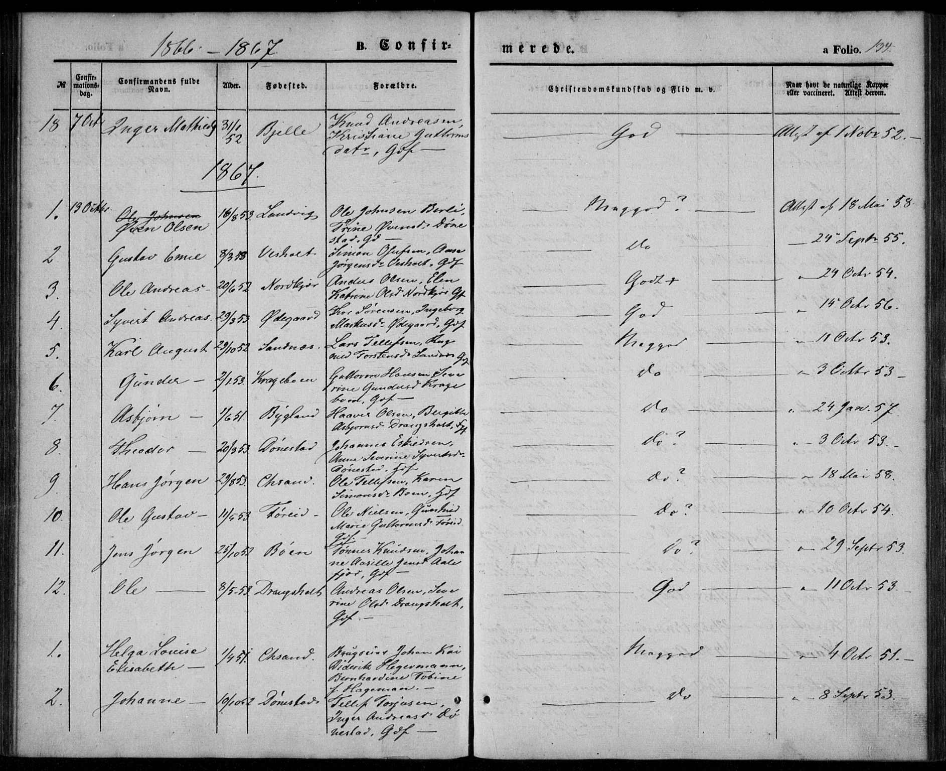 Tveit sokneprestkontor, AV/SAK-1111-0043/F/Fa/L0005: Parish register (official) no. A 5, 1853-1871, p. 134