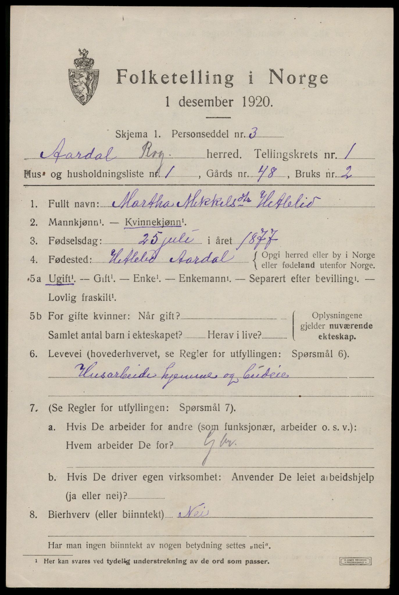 SAST, 1920 census for Årdal, 1920, p. 362