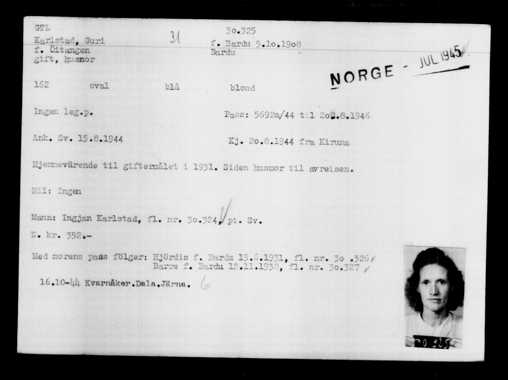 Utenriksstasjonene, Legasjonen i Stockholm, Flyktningkontoret, AV/RA-S-6753/V/Va/L0012: Kjesäterkartoteket, flyktninger med registreringsnr. 28300-31566, 1940-1945, p. 2221