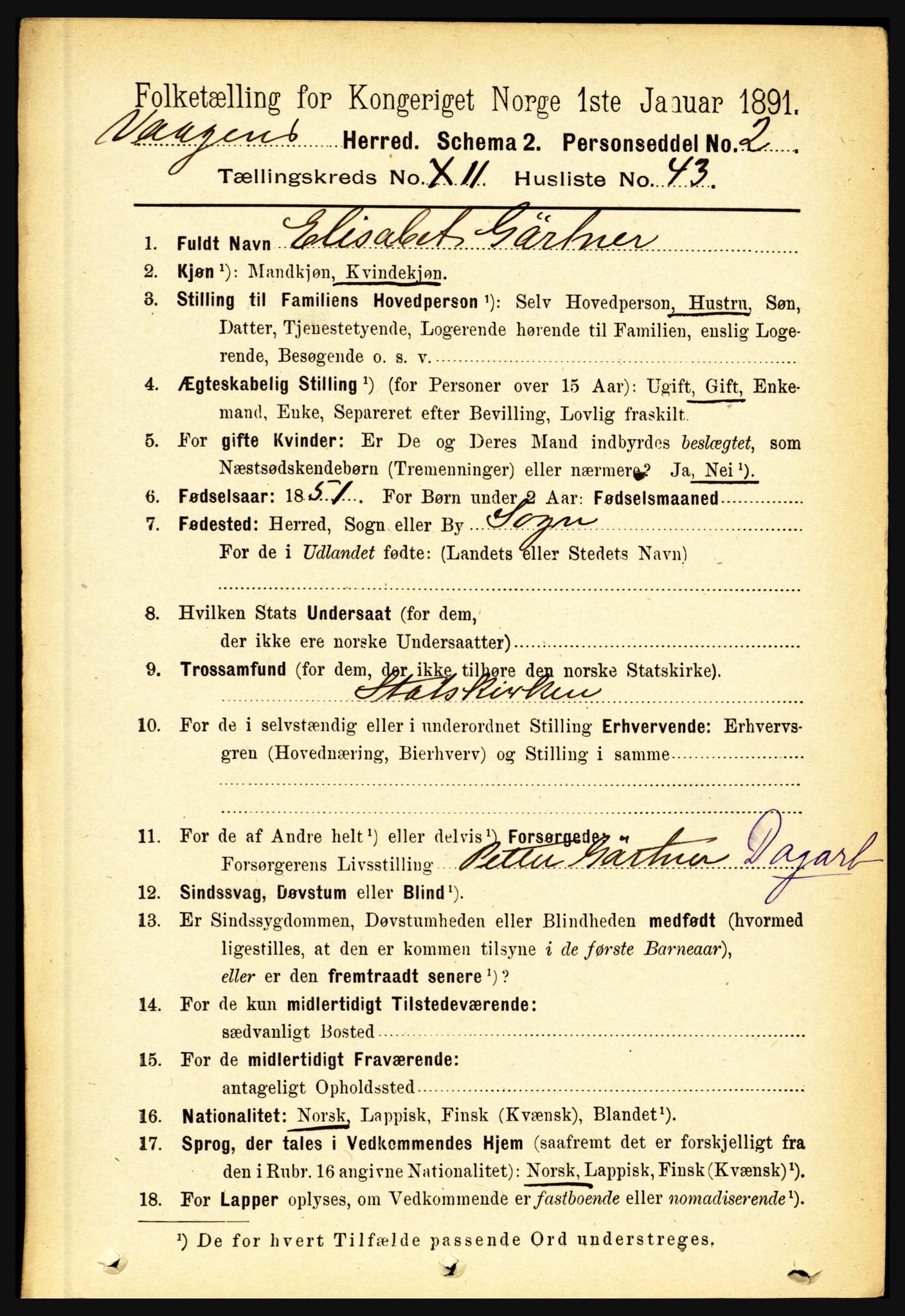 RA, 1891 census for 1865 Vågan, 1891, p. 3160