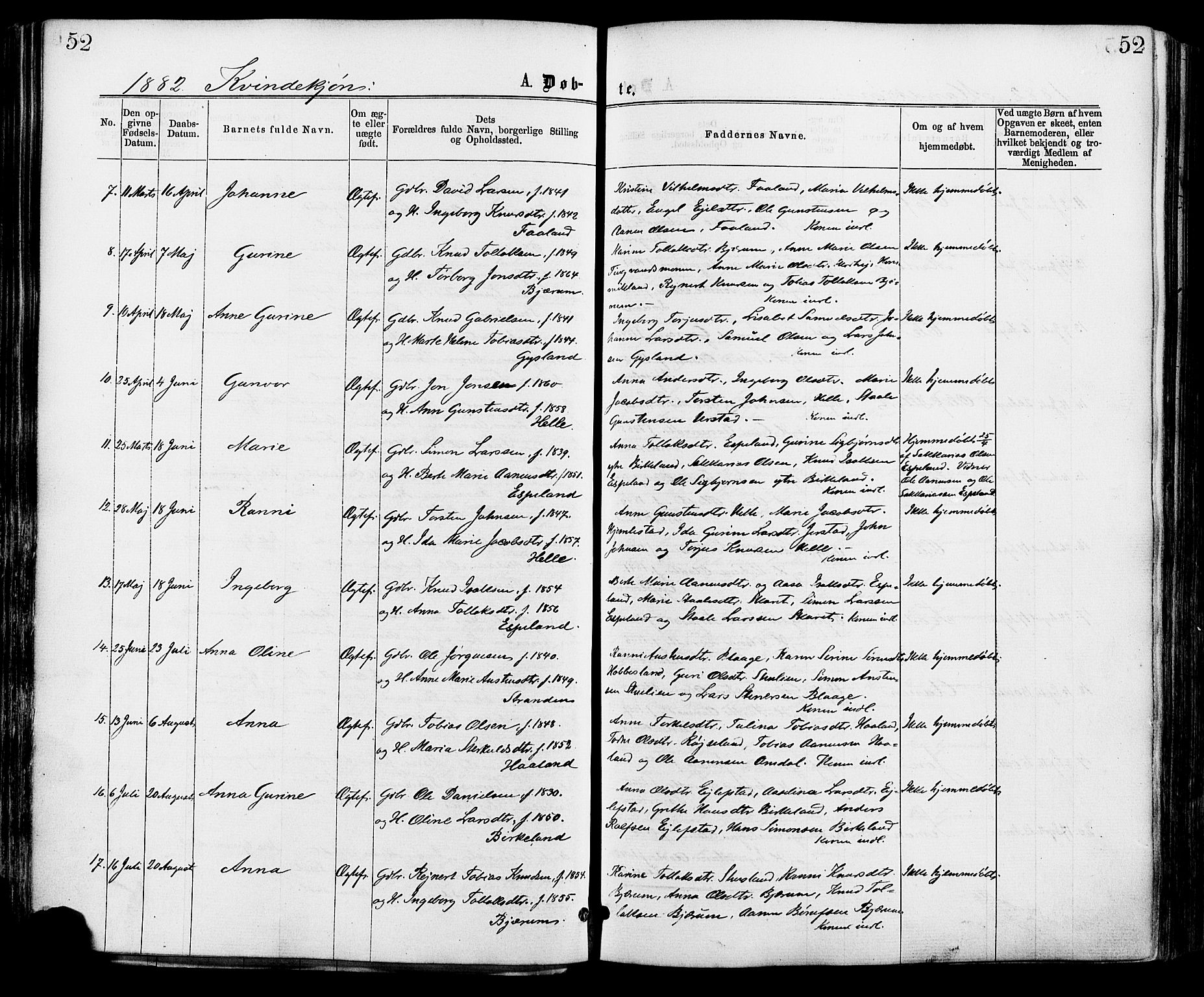 Hægebostad sokneprestkontor, AV/SAK-1111-0024/F/Fa/Faa/L0005: Parish register (official) no. A 5, 1864-1886, p. 52