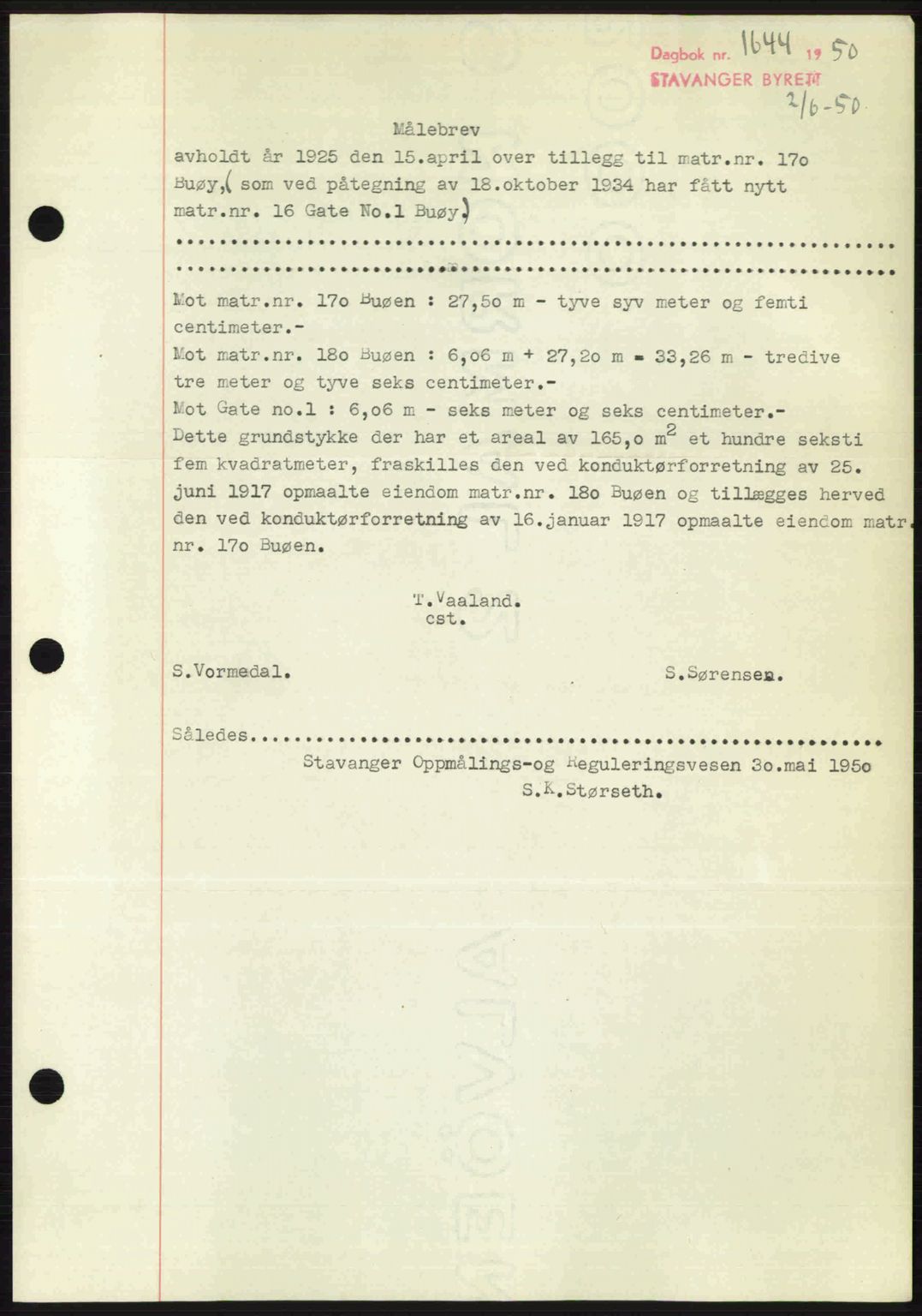 Stavanger byrett, AV/SAST-A-100455/002/G/Gb/L0024: Mortgage book no. A13, 1949-1950, Diary no: : 1644/1950