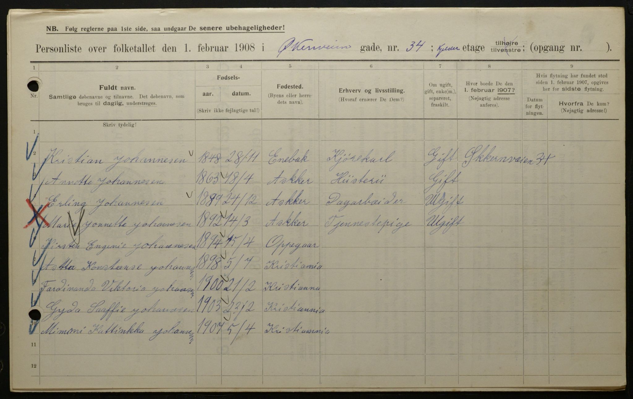 OBA, Municipal Census 1908 for Kristiania, 1908, p. 115743