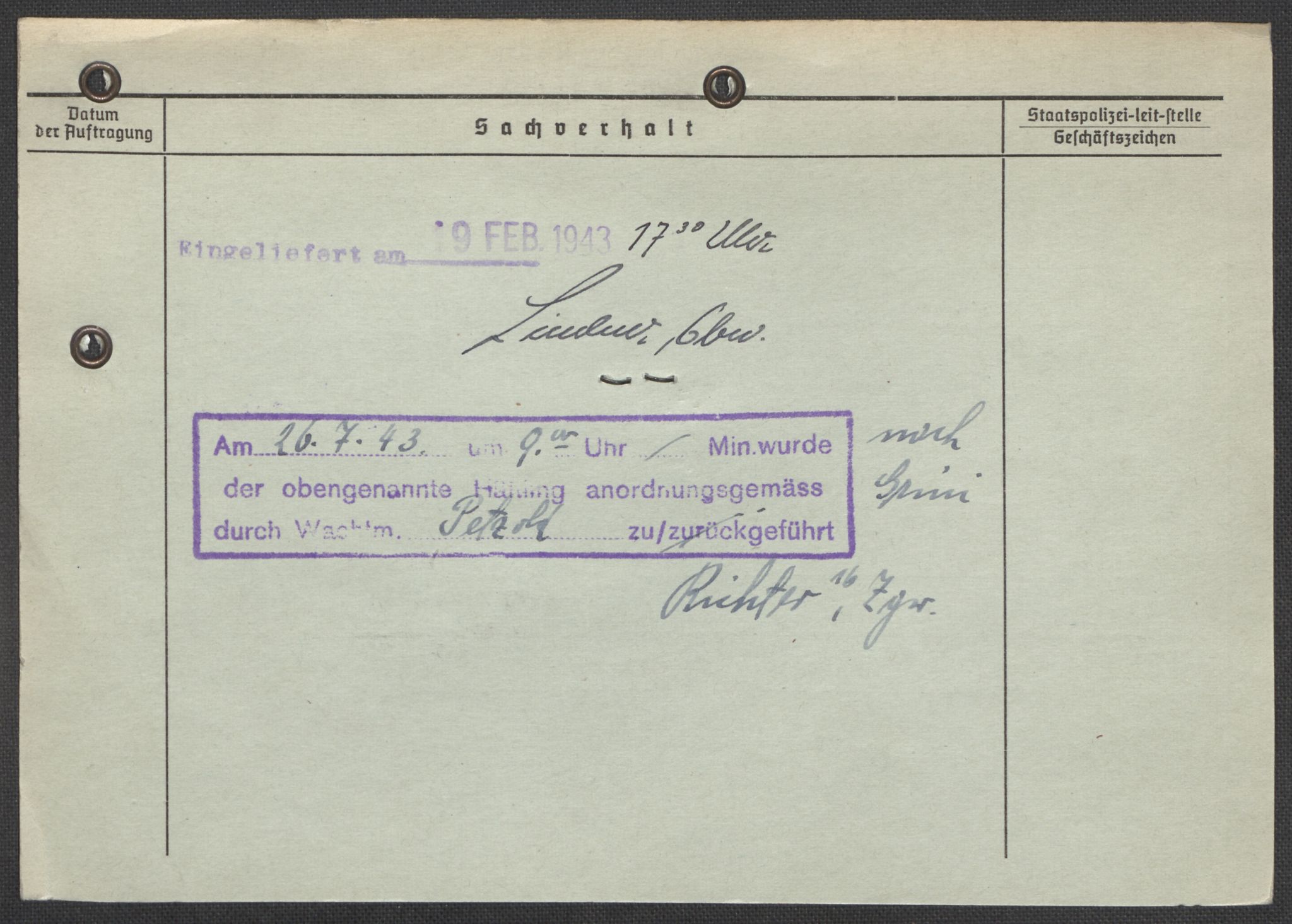 Befehlshaber der Sicherheitspolizei und des SD, AV/RA-RAFA-5969/E/Ea/Eaa/L0005: Register over norske fanger i Møllergata 19: Hø-Kj, 1940-1945, p. 1326