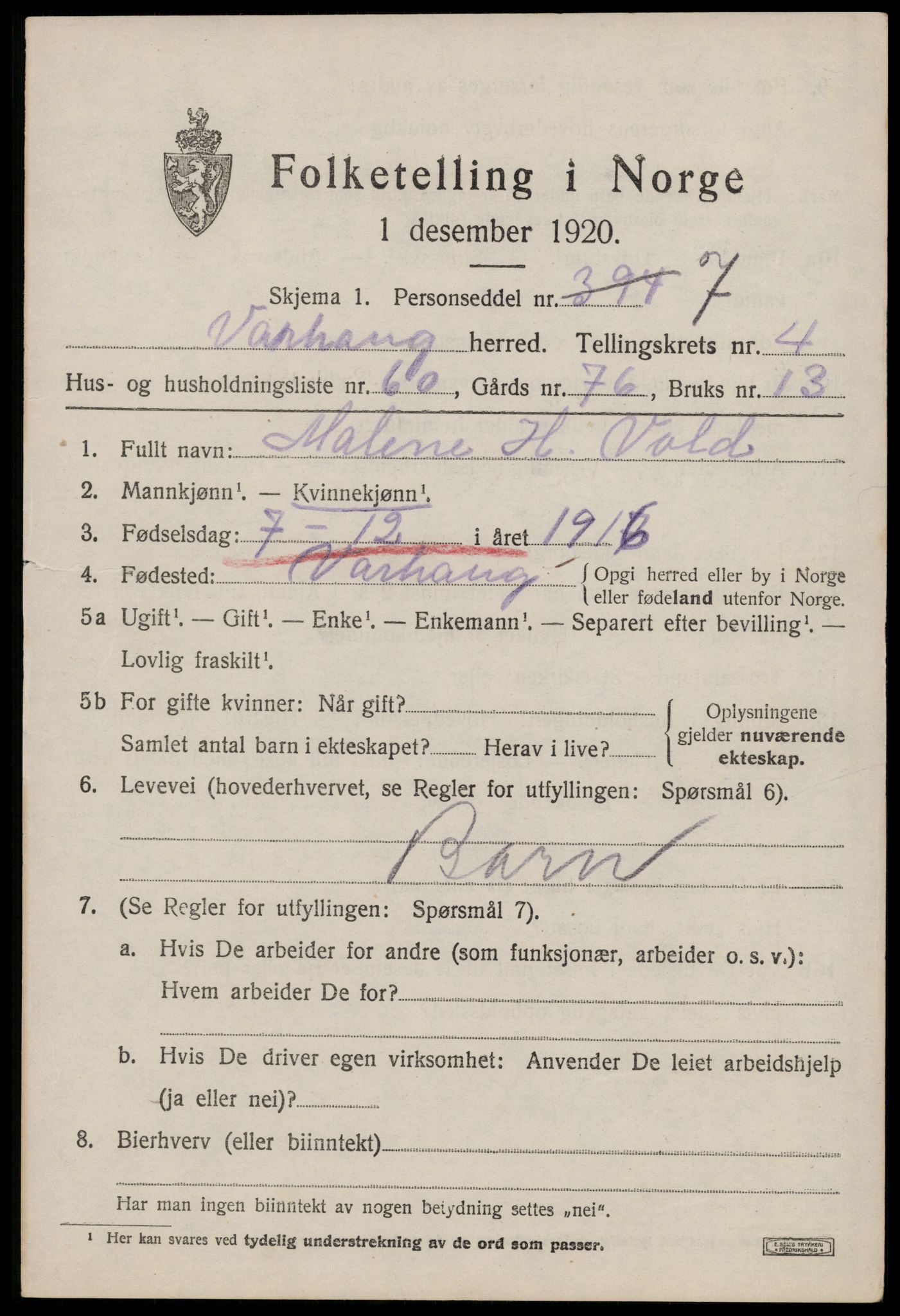 SAST, 1920 census for Varhaug, 1920, p. 4415