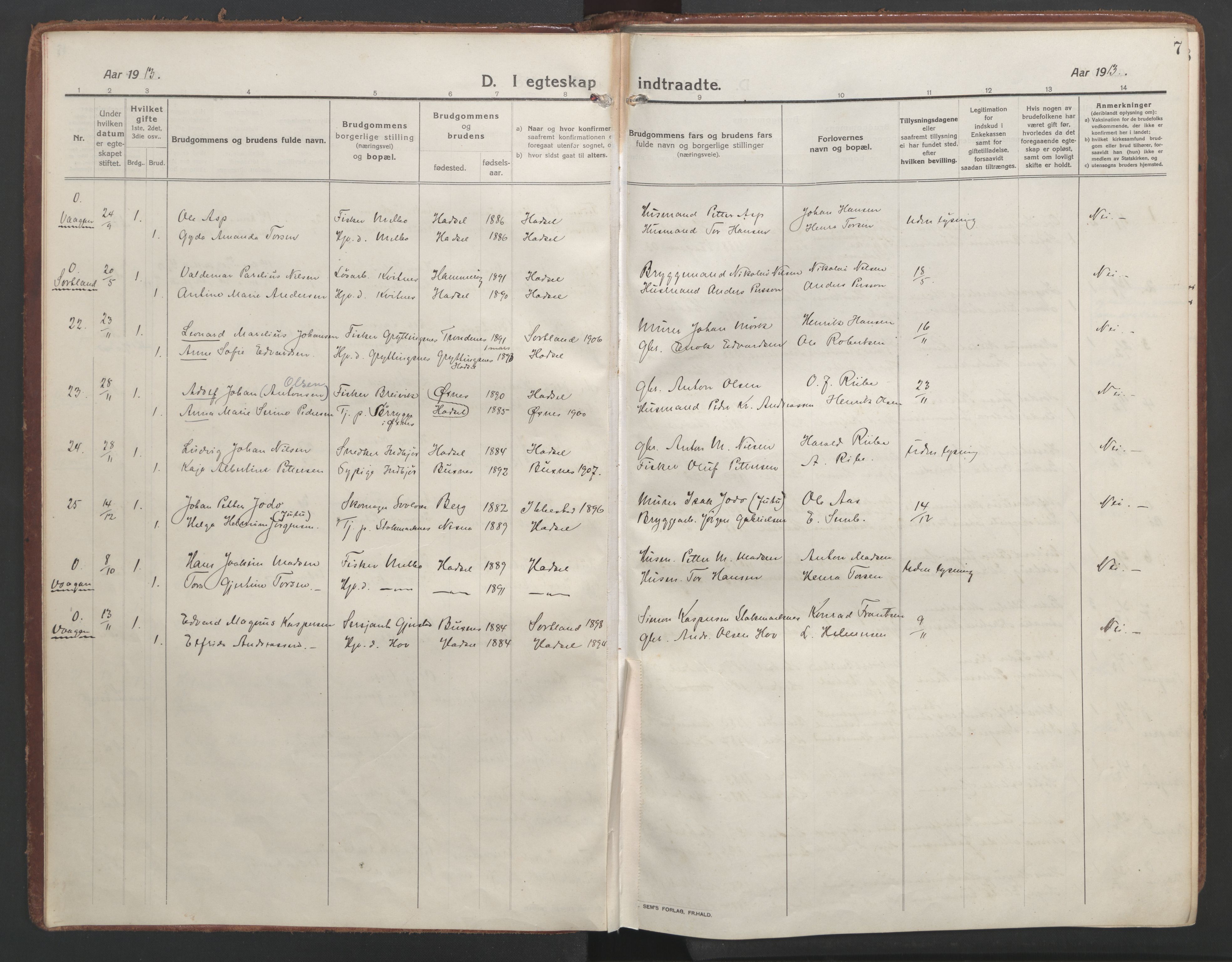 Ministerialprotokoller, klokkerbøker og fødselsregistre - Nordland, AV/SAT-A-1459/888/L1251: Parish register (official) no. 888A17, 1913-1925, p. 7