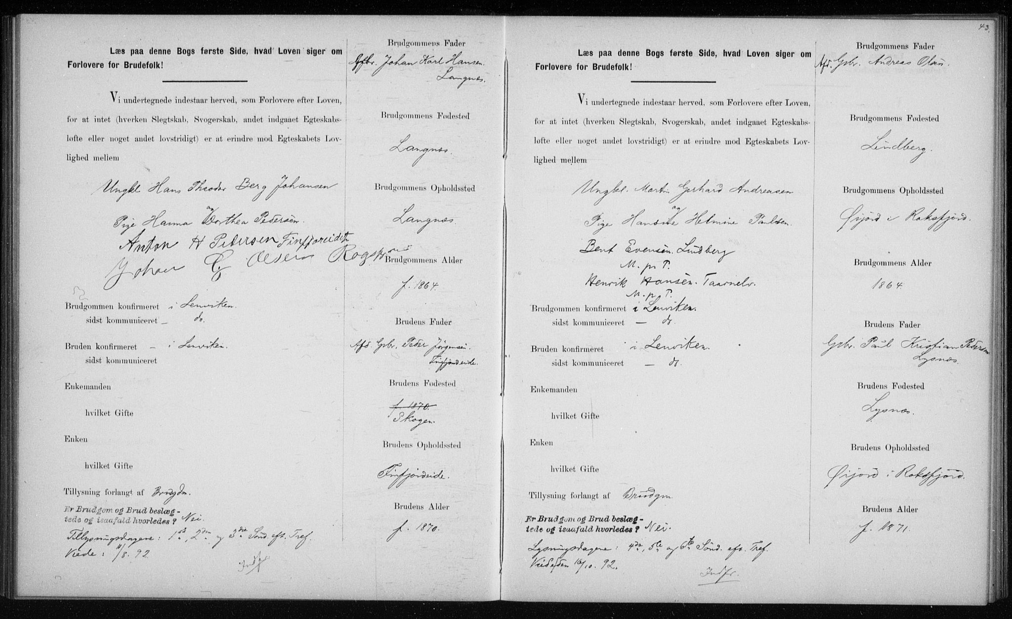 Lenvik sokneprestembete, AV/SATØ-S-1310/I/Ie/L0129: Banns register no. 129, 1890-1895, p. 43