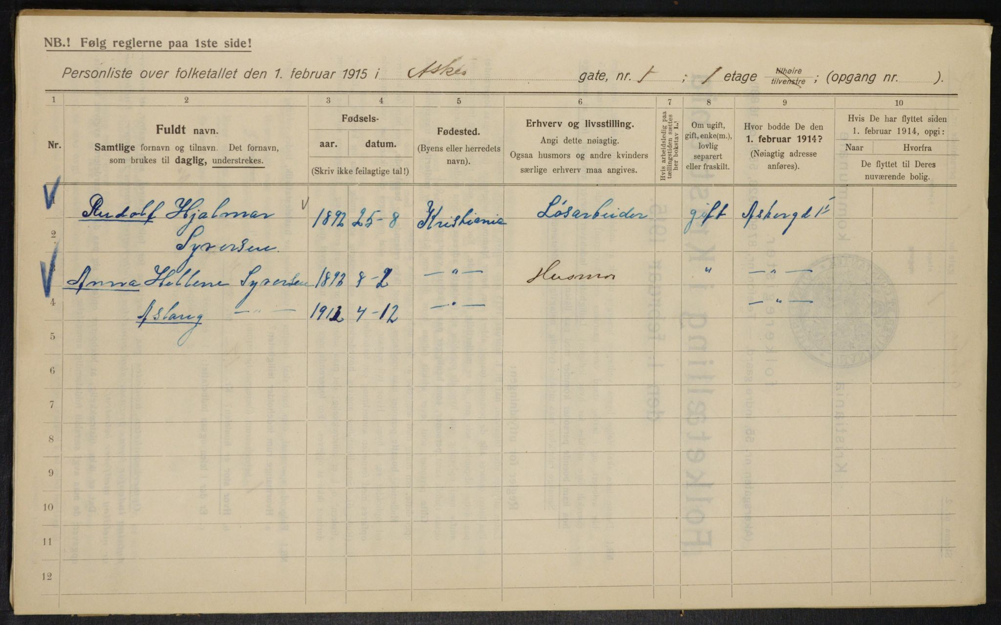 OBA, Municipal Census 1915 for Kristiania, 1915, p. 2578