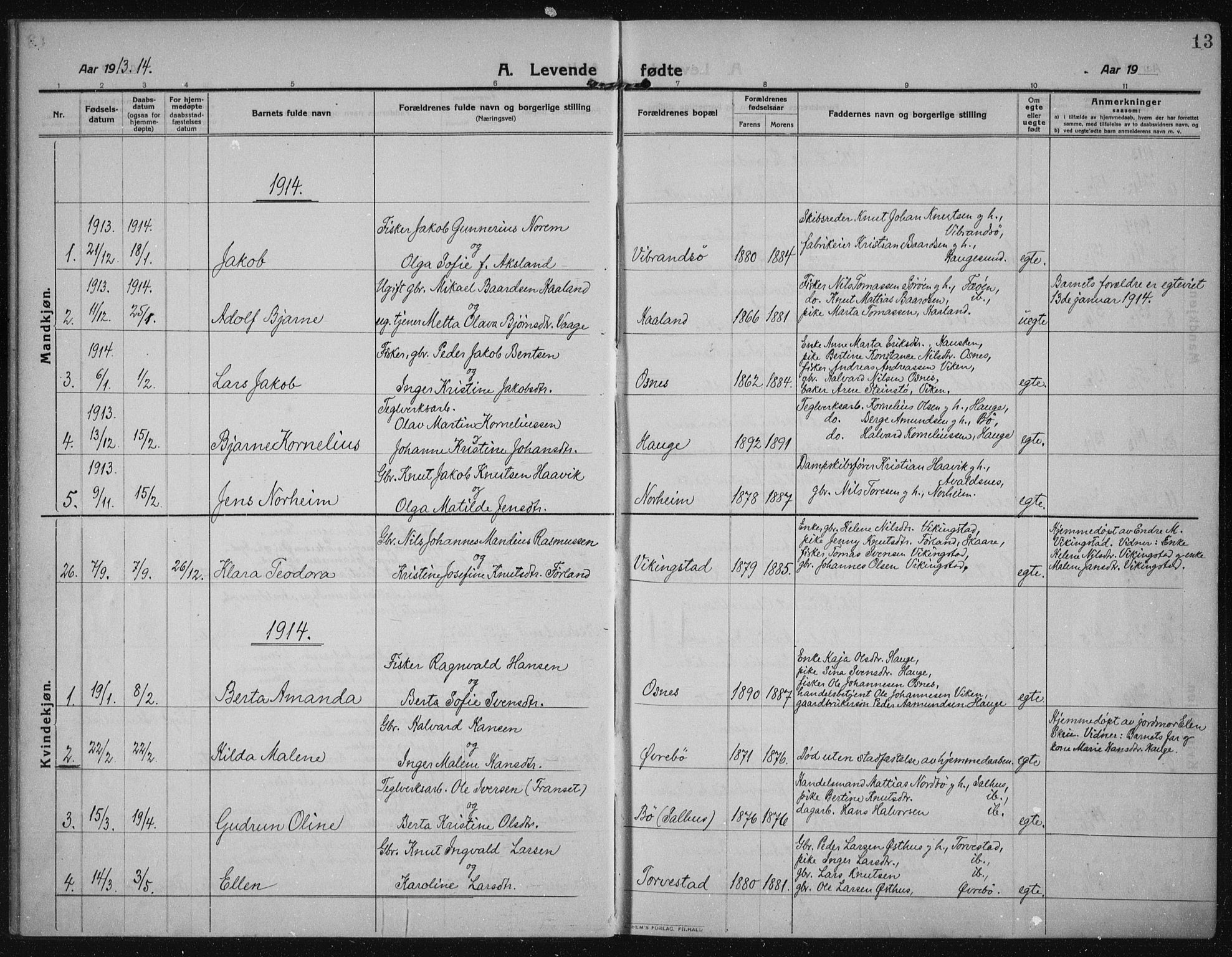 Torvastad sokneprestkontor, SAST/A -101857/H/Ha/Haa/L0019: Parish register (official) no. A 18, 1912-1920, p. 13