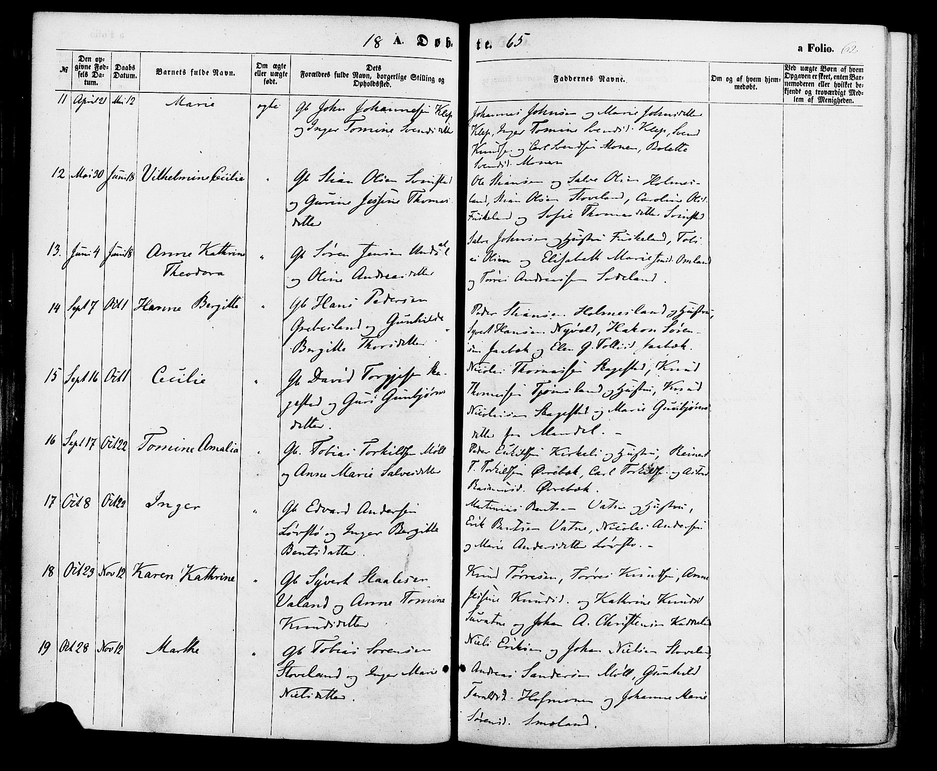 Holum sokneprestkontor, SAK/1111-0022/F/Fa/Faa/L0006: Parish register (official) no. A 6, 1865-1883, p. 62