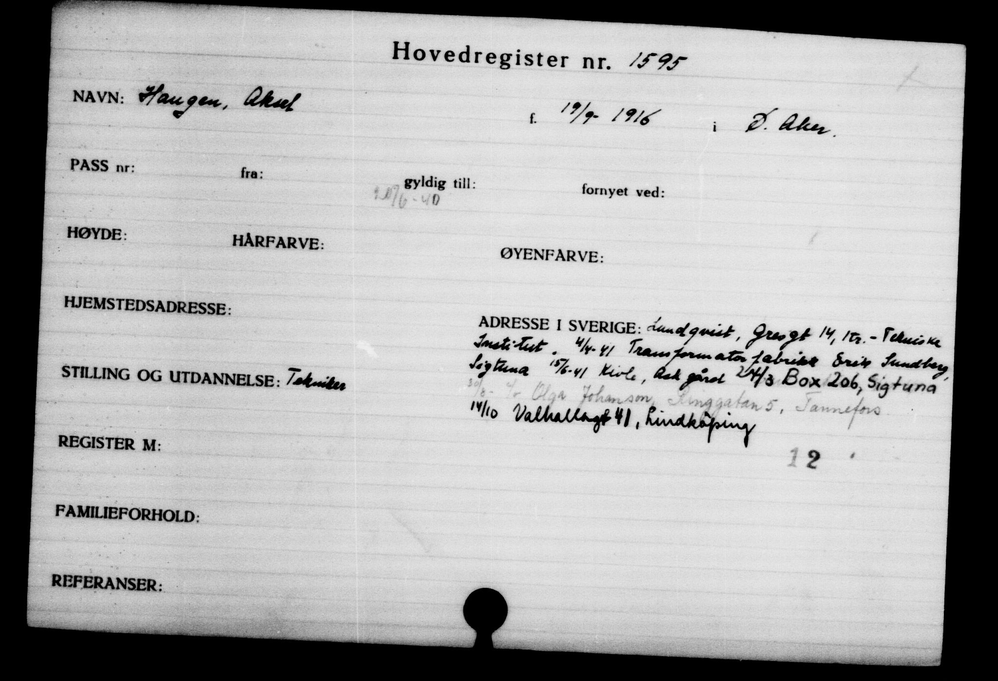 Den Kgl. Norske Legasjons Flyktningskontor, AV/RA-S-6753/V/Va/L0002: Kjesäterkartoteket.  Flyktningenr. 1001-2000, 1940-1945, p. 853