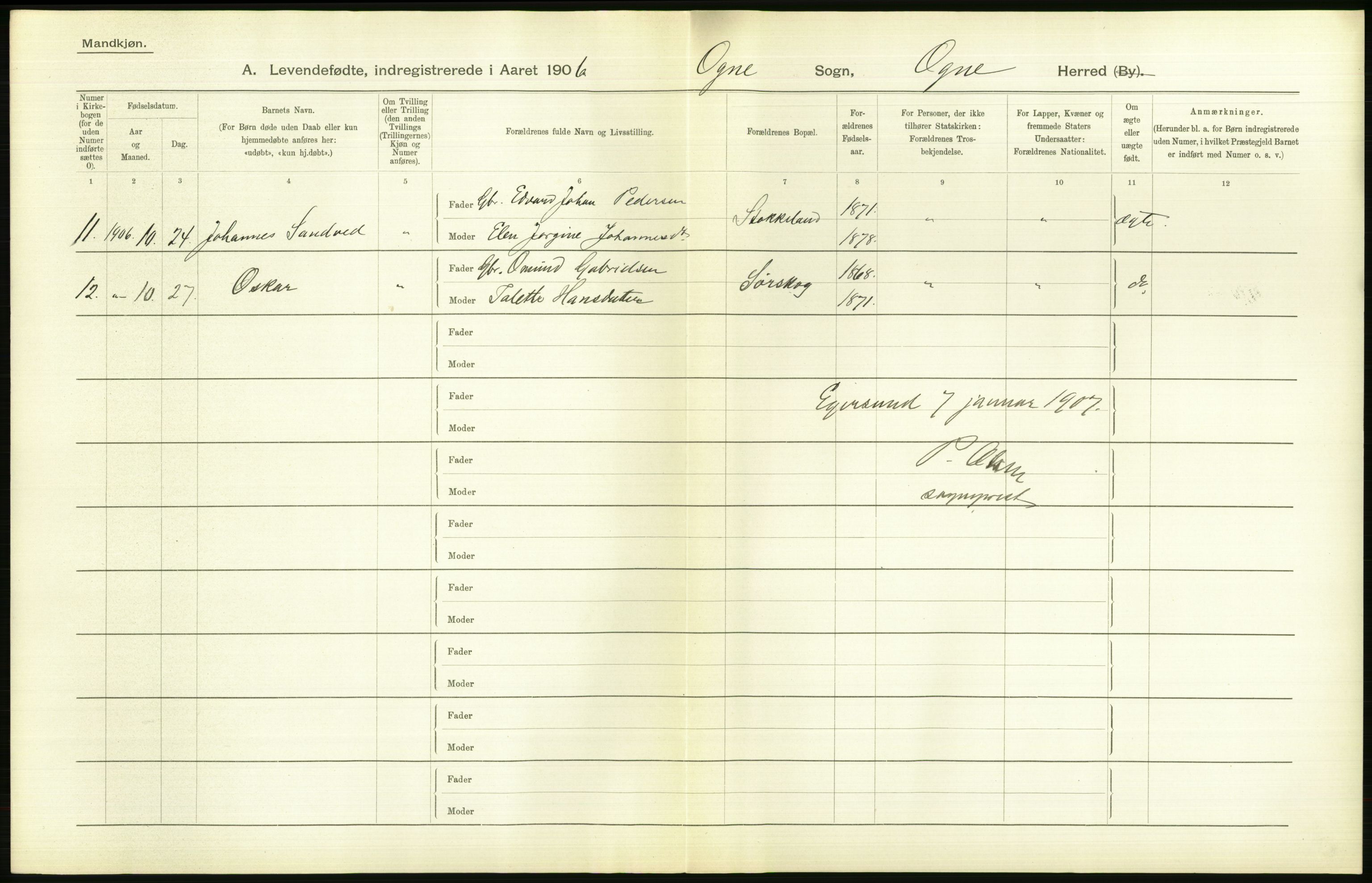 Statistisk sentralbyrå, Sosiodemografiske emner, Befolkning, AV/RA-S-2228/D/Df/Dfa/Dfad/L0025: Stavanger amt: Levendefødte menn og kvinner. Bygder., 1906, p. 34