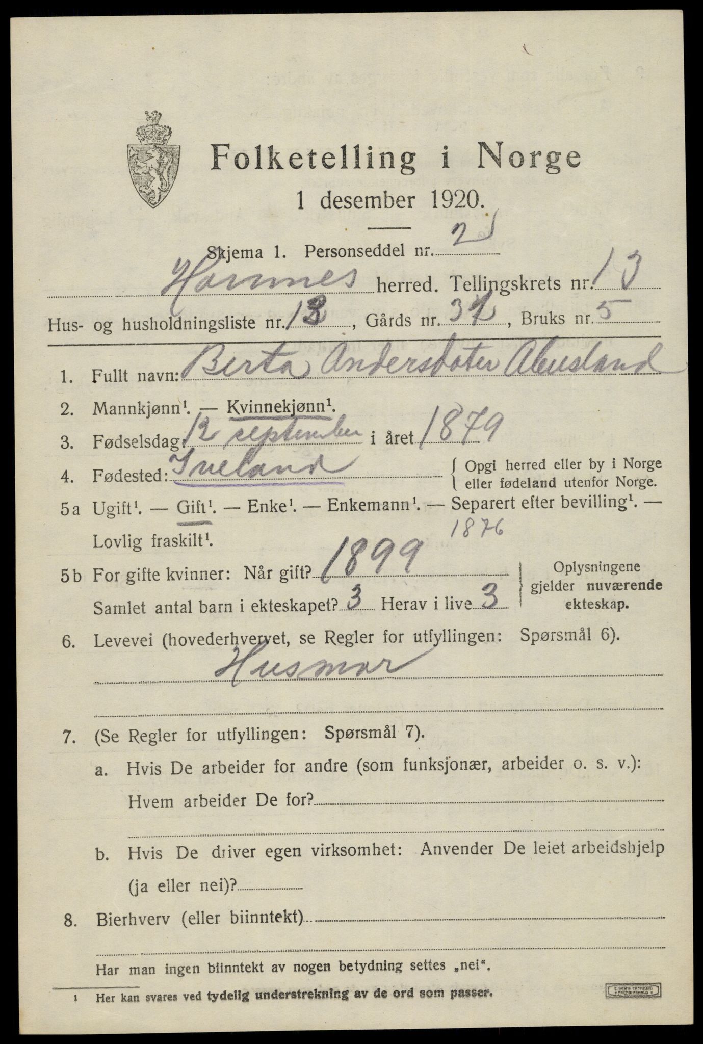 SAK, 1920 census for Hornnes, 1920, p. 3229