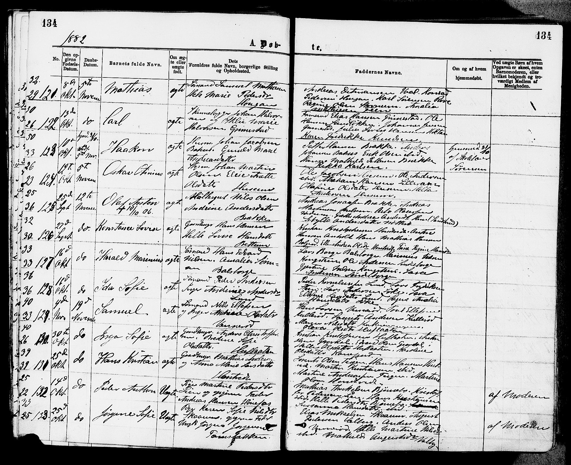 Stokke kirkebøker, AV/SAKO-A-320/F/Fa/L0009: Parish register (official) no. I 9, 1872-1883, p. 134