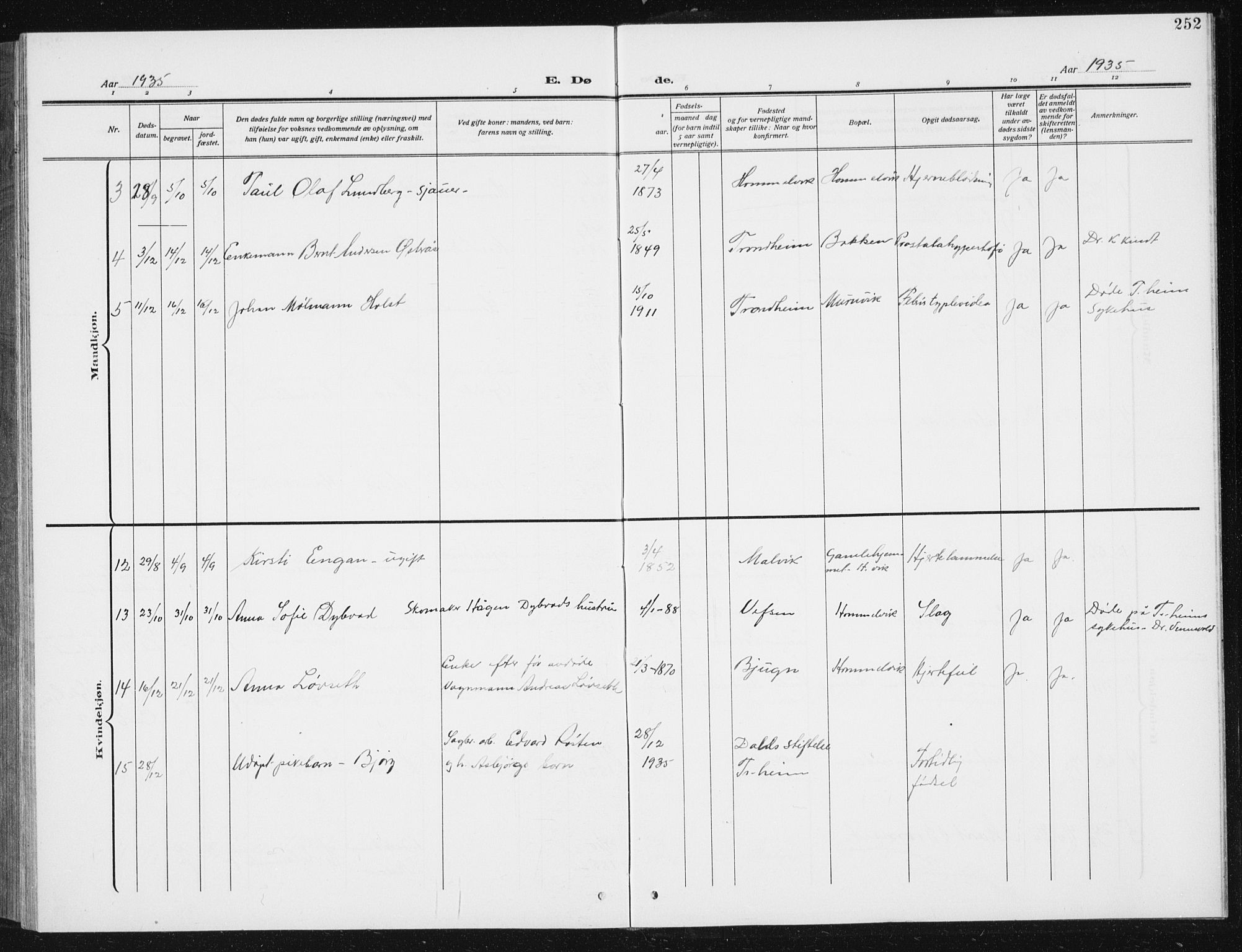 Ministerialprotokoller, klokkerbøker og fødselsregistre - Sør-Trøndelag, SAT/A-1456/617/L0431: Parish register (copy) no. 617C02, 1910-1936, p. 252