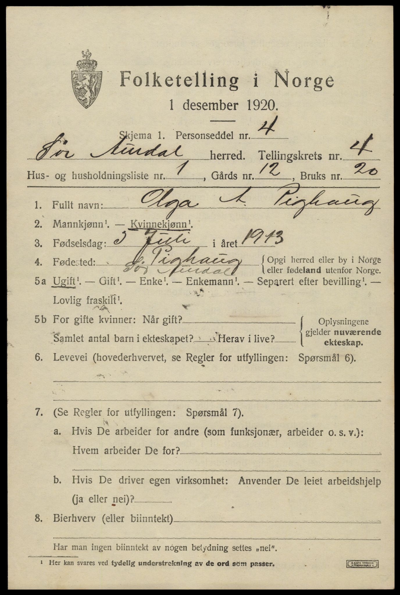 SAH, 1920 census for Sør-Aurdal, 1920, p. 2327