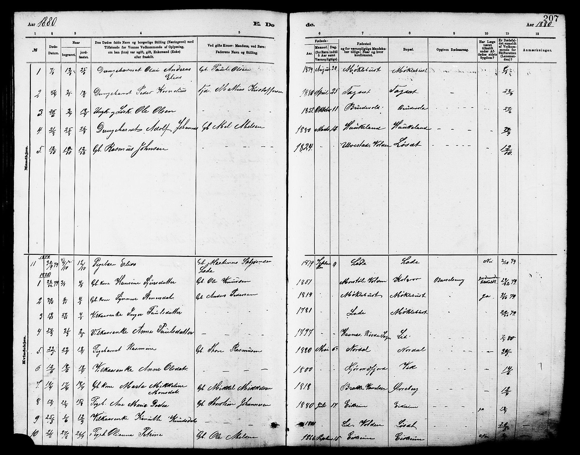 Ministerialprotokoller, klokkerbøker og fødselsregistre - Møre og Romsdal, AV/SAT-A-1454/502/L0027: Parish register (copy) no. 502C01, 1878-1908, p. 207