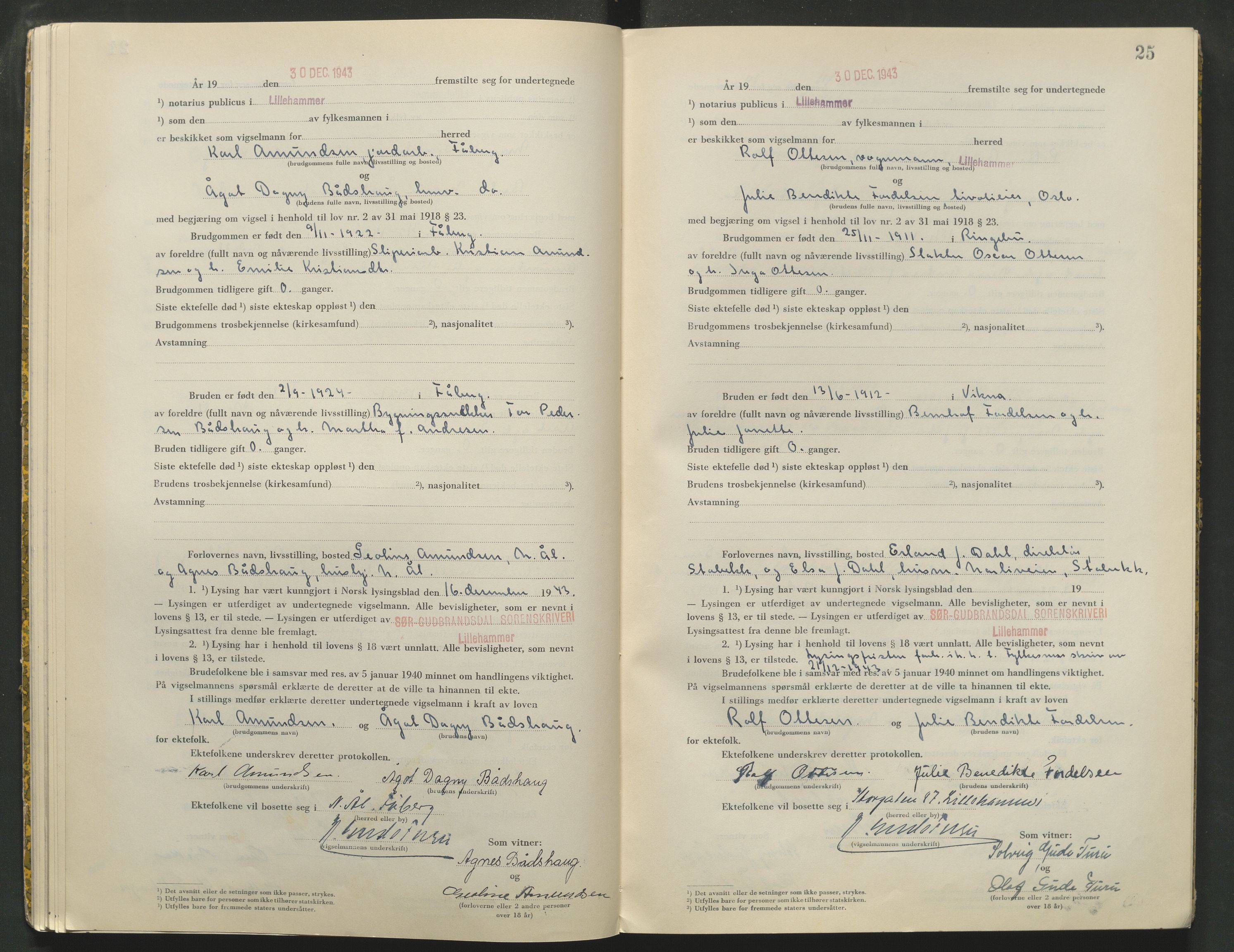Sør-Gudbrandsdal tingrett, AV/SAH-TING-004/L/Lc/L0004: Vigselsprotokoll, 1943-1944, p. 25