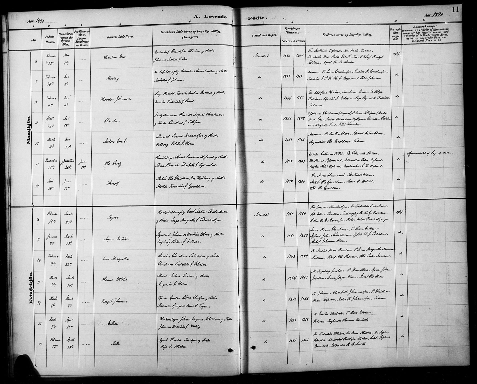 Arendal sokneprestkontor, Trefoldighet, AV/SAK-1111-0040/F/Fb/L0006: Parish register (copy) no. B 6, 1889-1916, p. 11