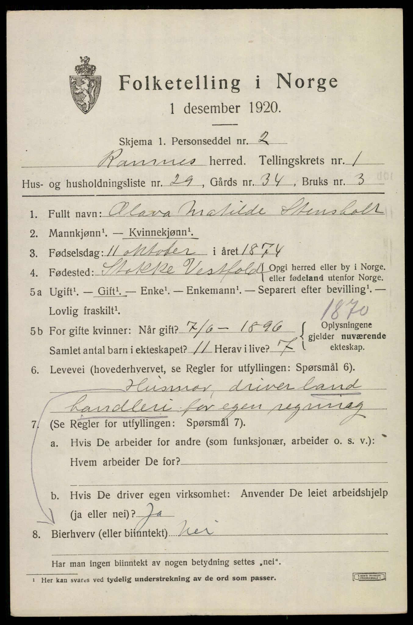 SAKO, 1920 census for Ramnes, 1920, p. 1512