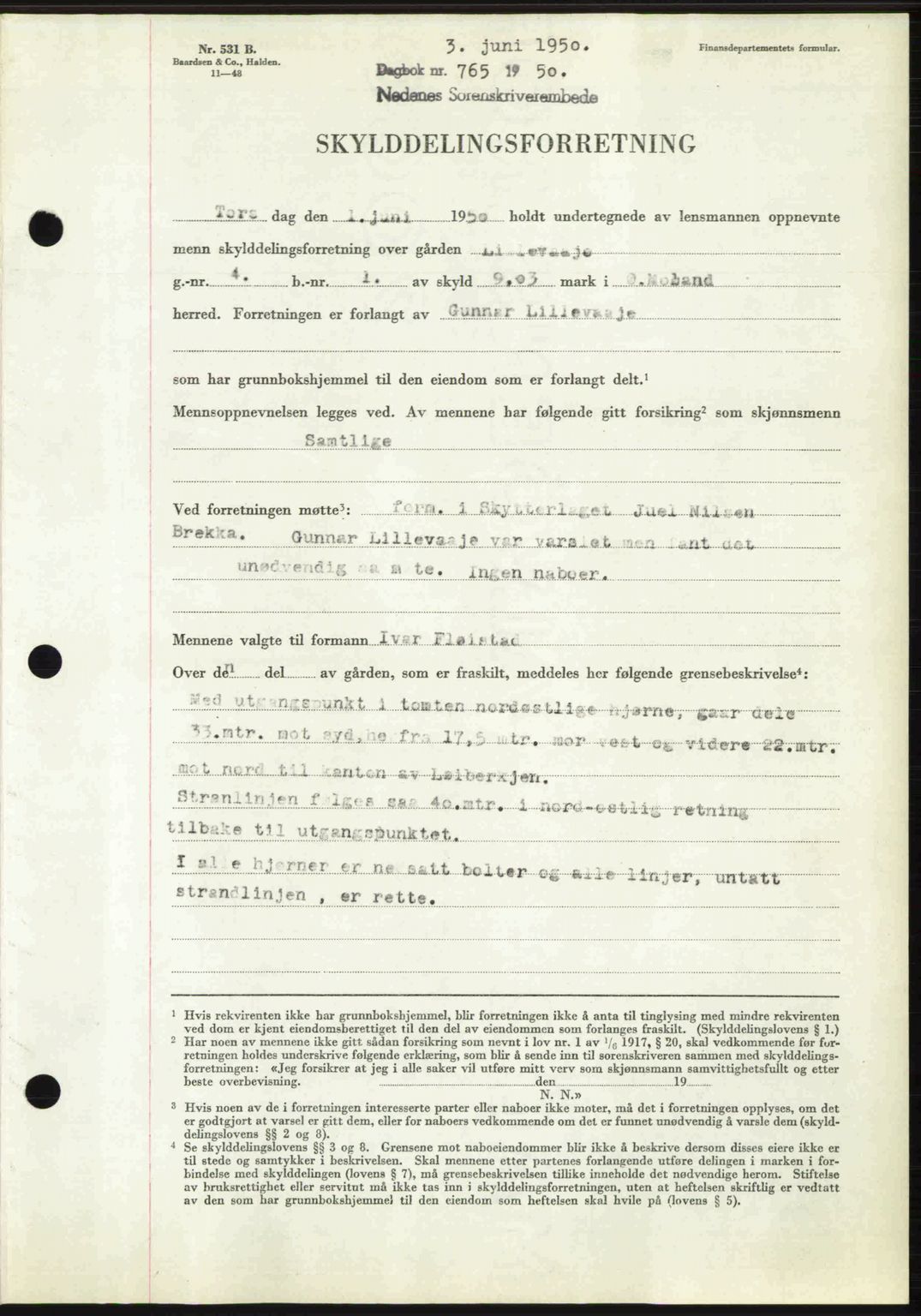 Nedenes sorenskriveri, SAK/1221-0006/G/Gb/Gba/L0062: Mortgage book no. A14, 1949-1950, Diary no: : 765/1950