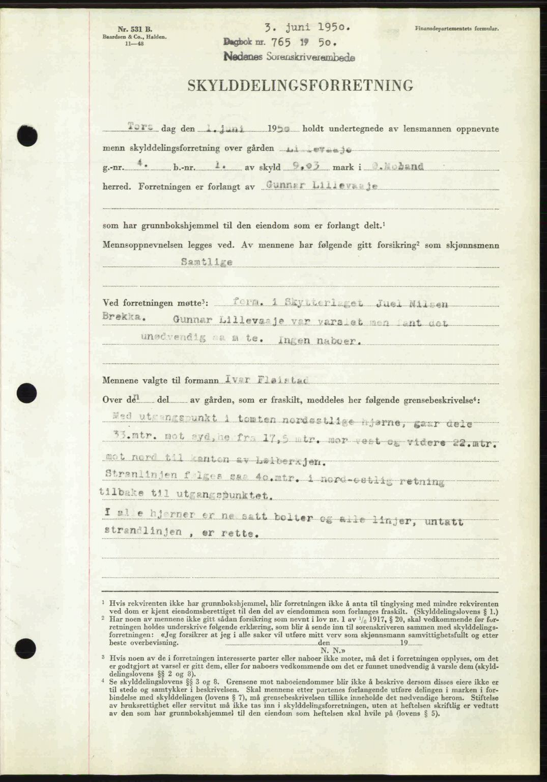 Nedenes sorenskriveri, AV/SAK-1221-0006/G/Gb/Gba/L0062: Mortgage book no. A14, 1949-1950, Diary no: : 765/1950