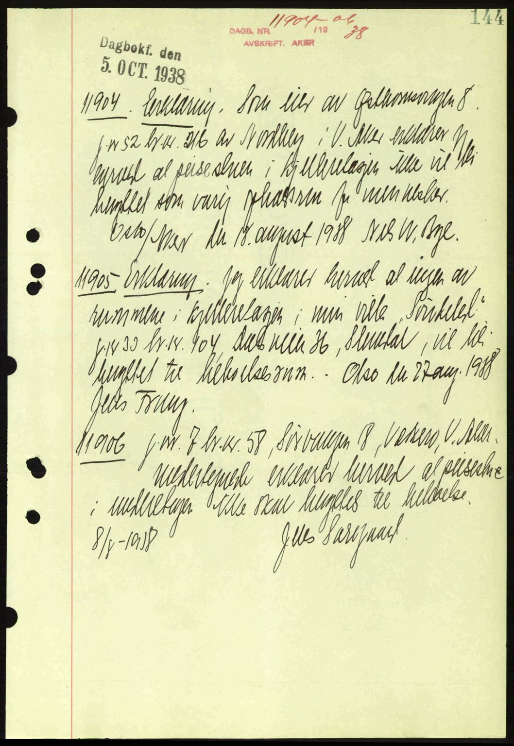 Aker herredsskriveri, SAO/A-10896/G/Gb/Gba/Gbab/L0025: Mortgage book no. A154-155, 1938-1938, Diary no: : 11894/1938