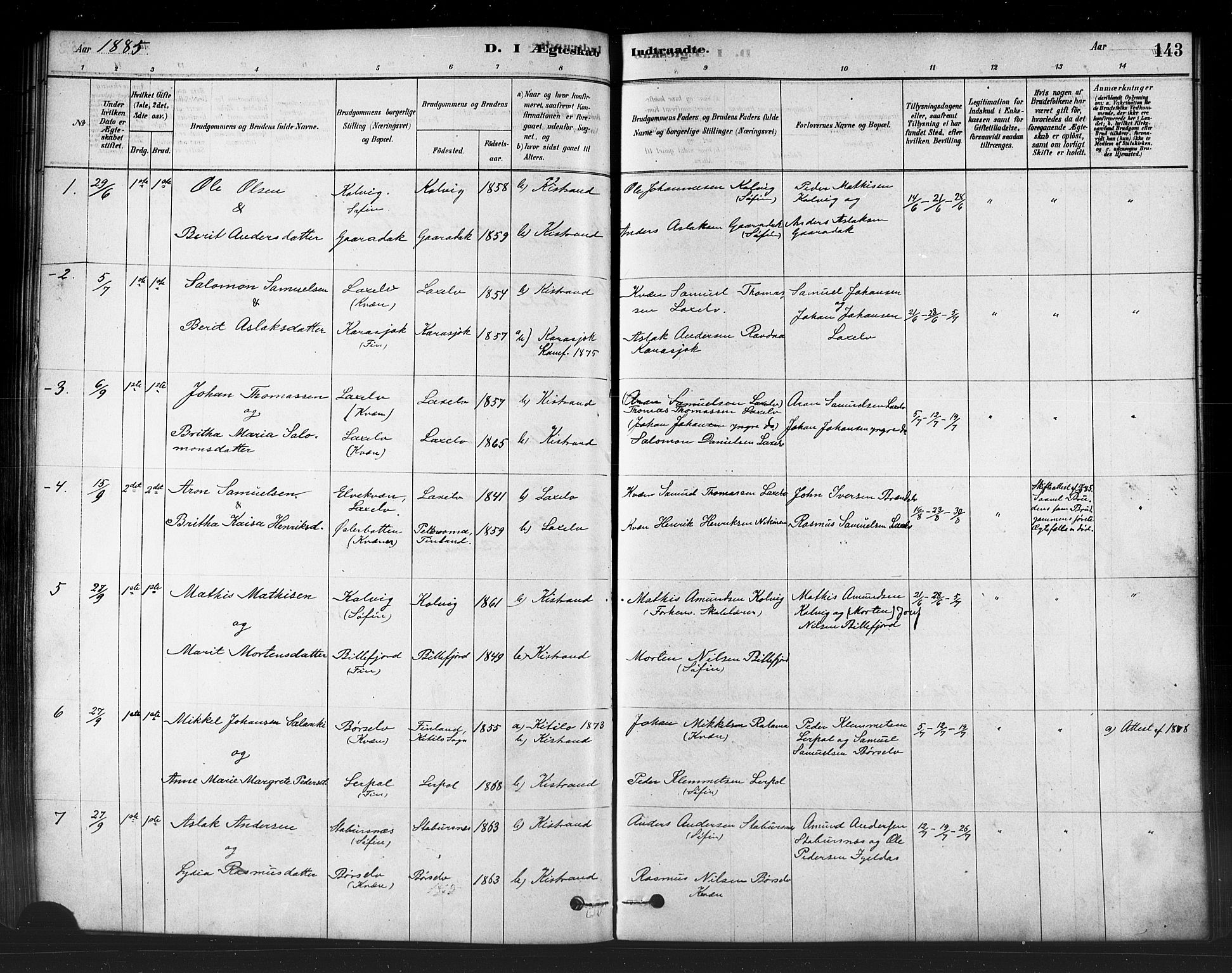 Kistrand/Porsanger sokneprestembete, SATØ/S-1351/H/Ha/L0007.kirke: Parish register (official) no. 7, 1881-1889, p. 143