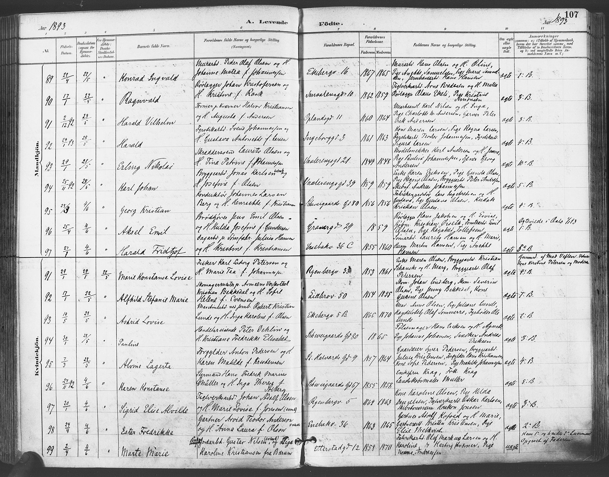 Gamlebyen prestekontor Kirkebøker, SAO/A-10884/F/Fa/L0007: Parish register (official) no. 7, 1889-1899, p. 107