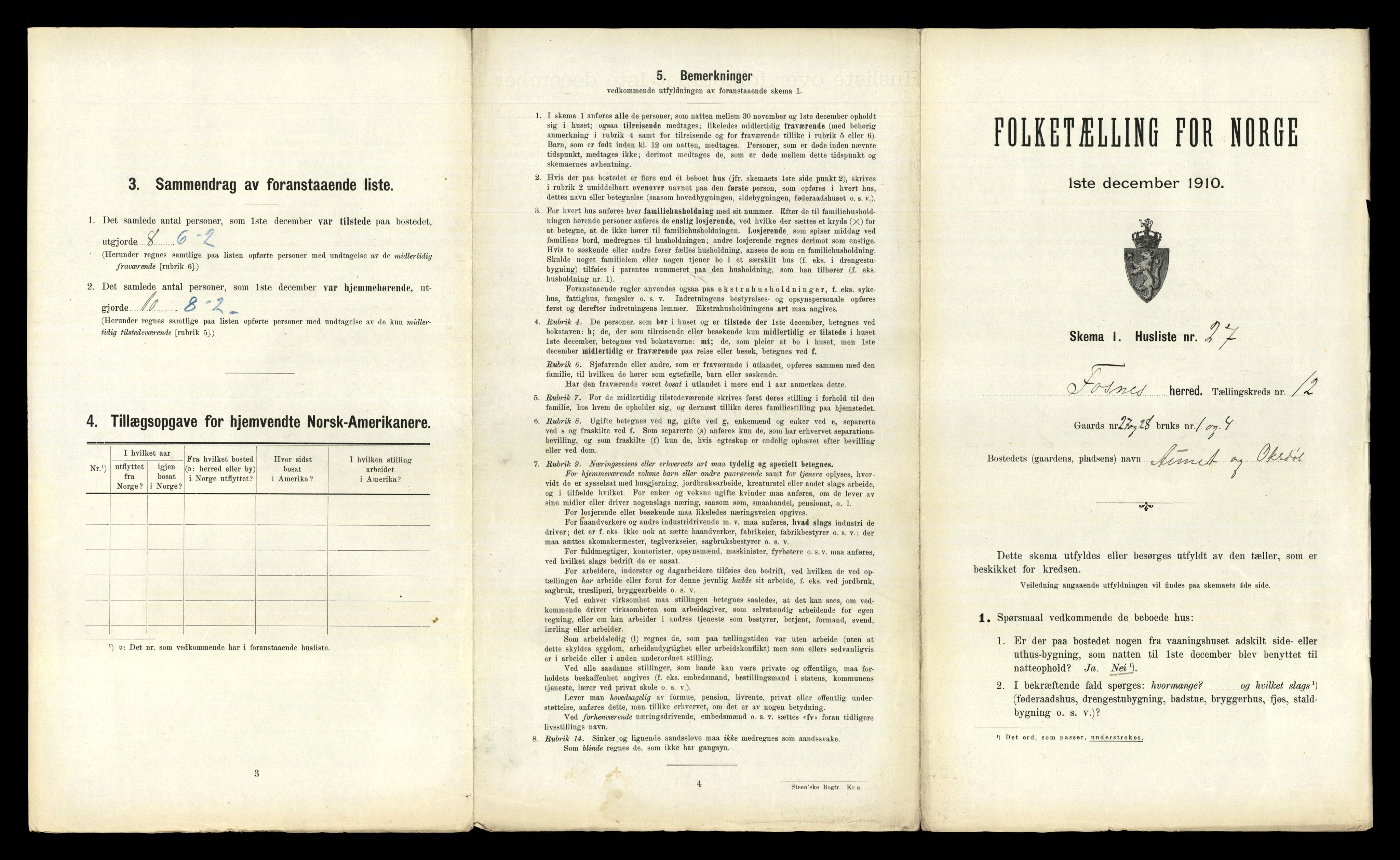 RA, 1910 census for Fosnes, 1910, p. 829