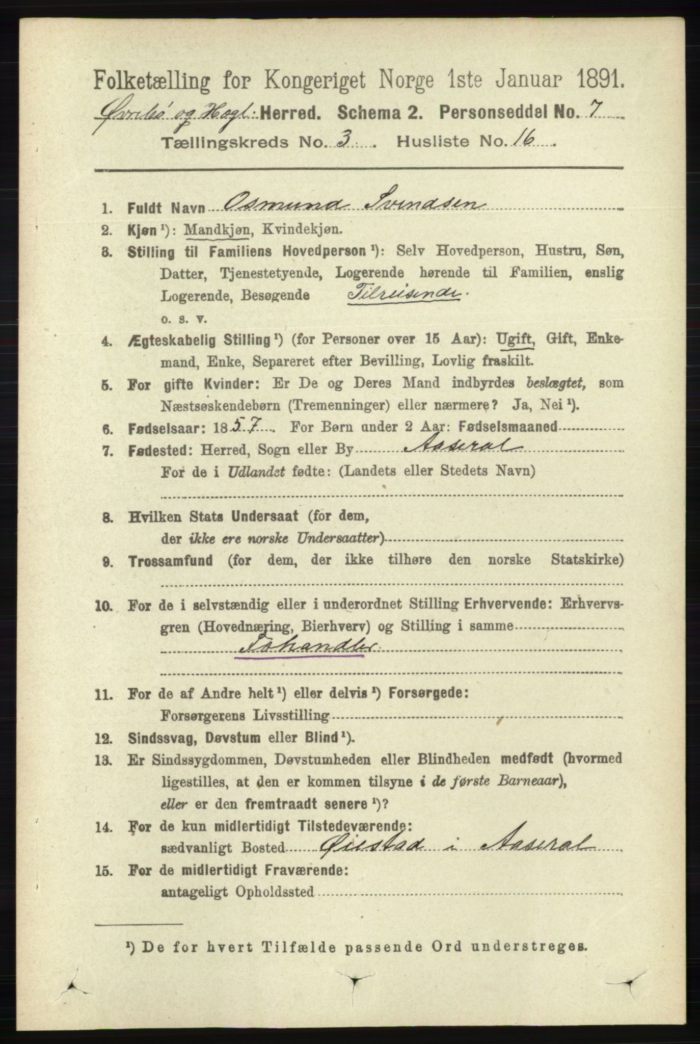 RA, 1891 census for 1016 Øvrebø og Hægeland, 1891, p. 610