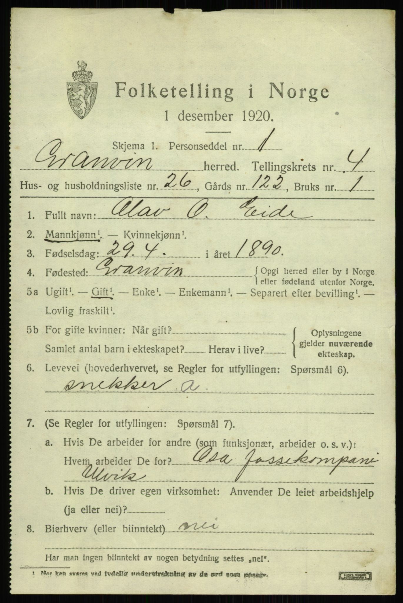 SAB, 1920 census for Granvin, 1920, p. 1784
