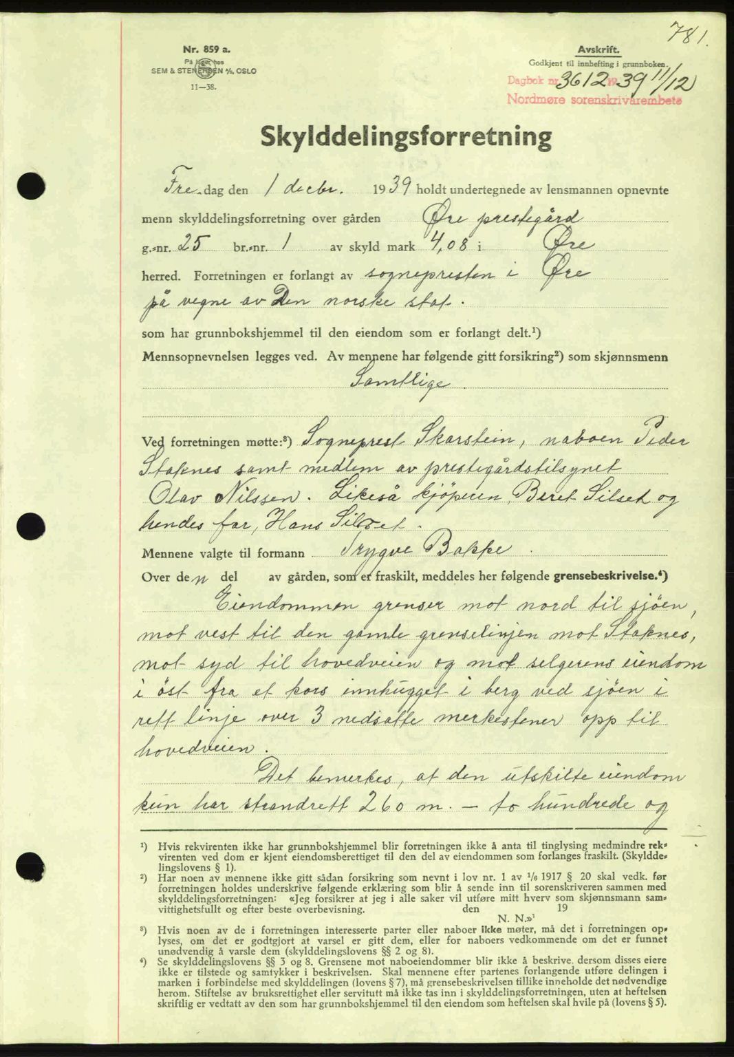 Nordmøre sorenskriveri, AV/SAT-A-4132/1/2/2Ca: Mortgage book no. A87, 1939-1940, Diary no: : 3612/1939