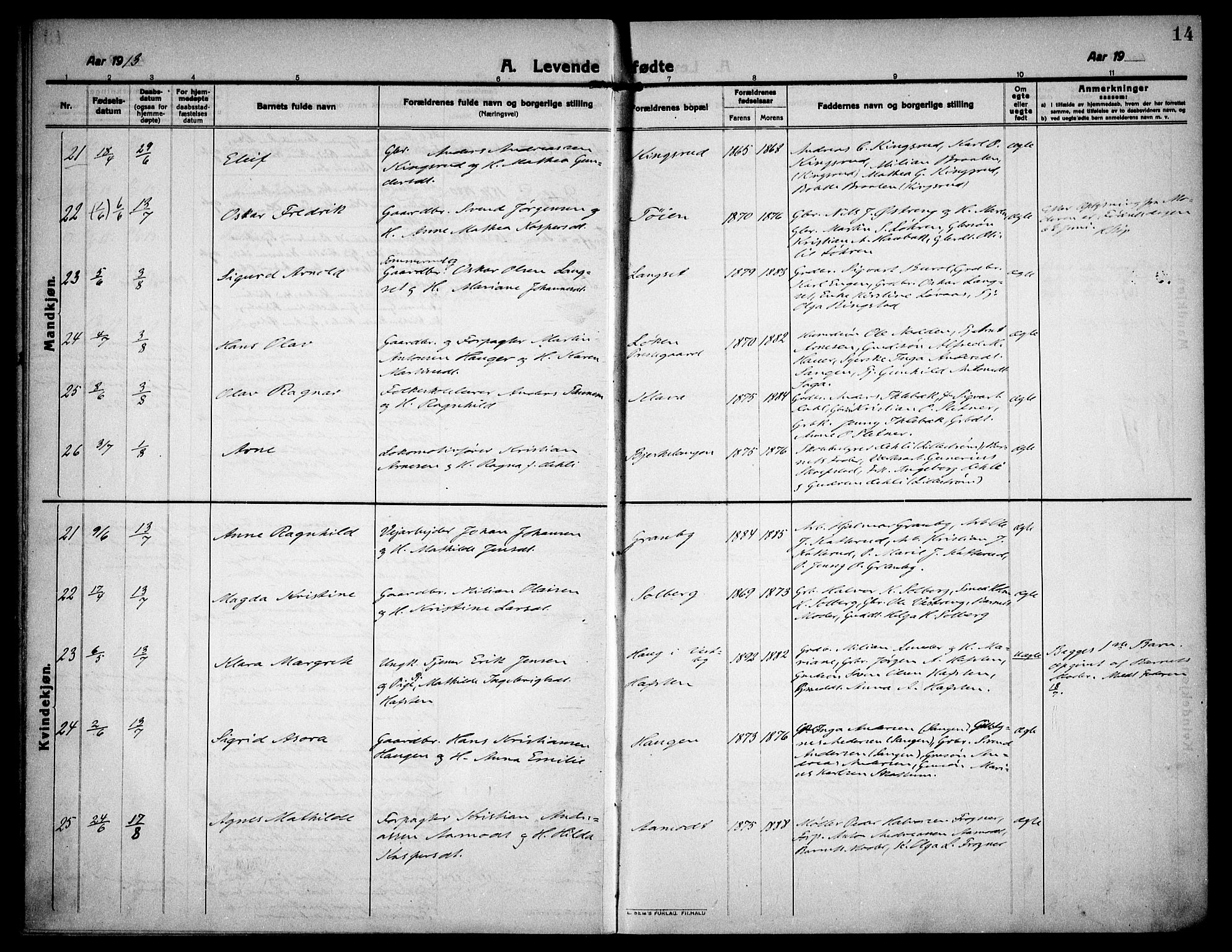 Høland prestekontor Kirkebøker, AV/SAO-A-10346a/F/Fa/L0016: Parish register (official) no. I 16, 1912-1921, p. 14