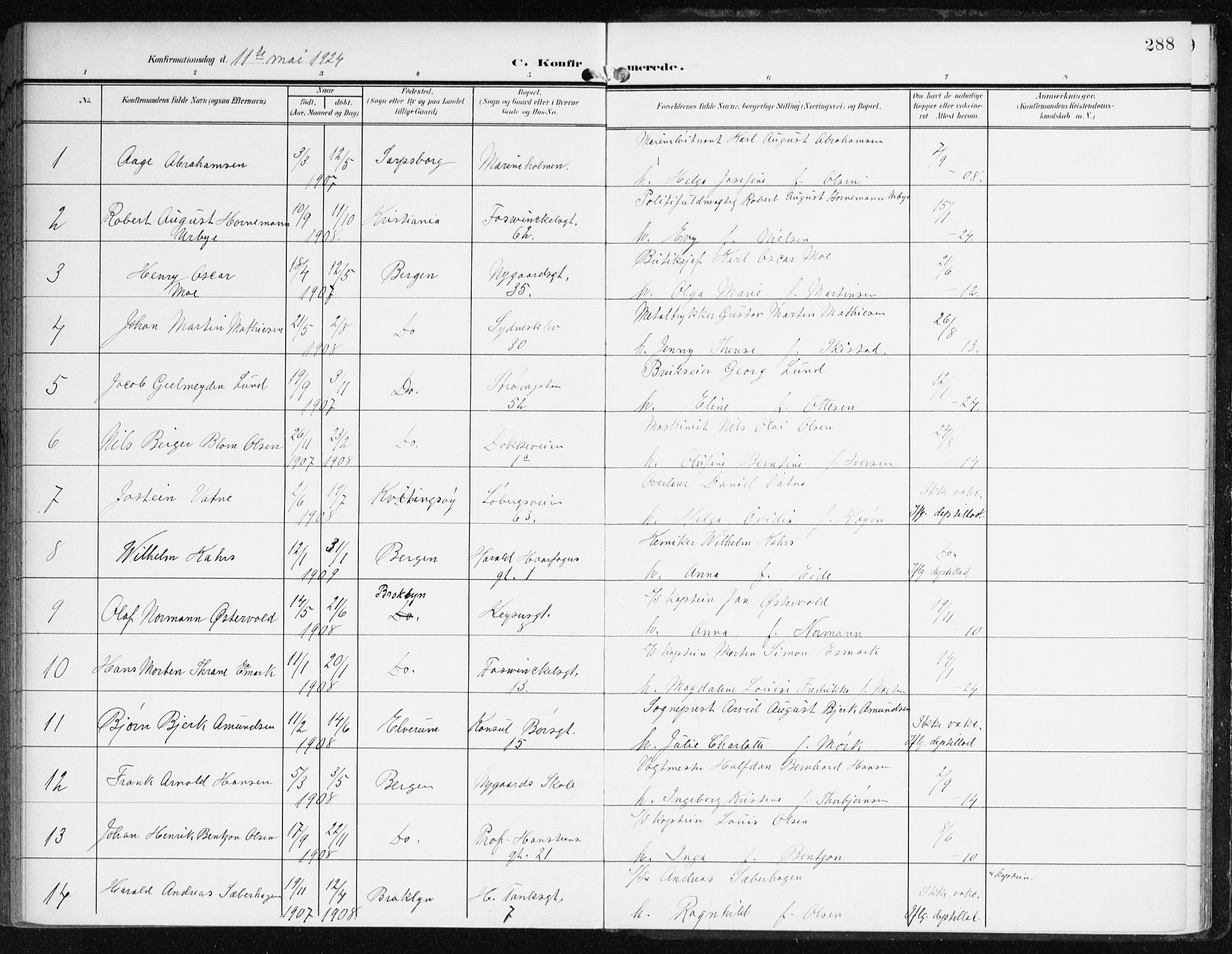 Johanneskirken sokneprestembete, AV/SAB-A-76001/H/Haa/L0009: Parish register (official) no. C 2, 1907-1924, p. 288