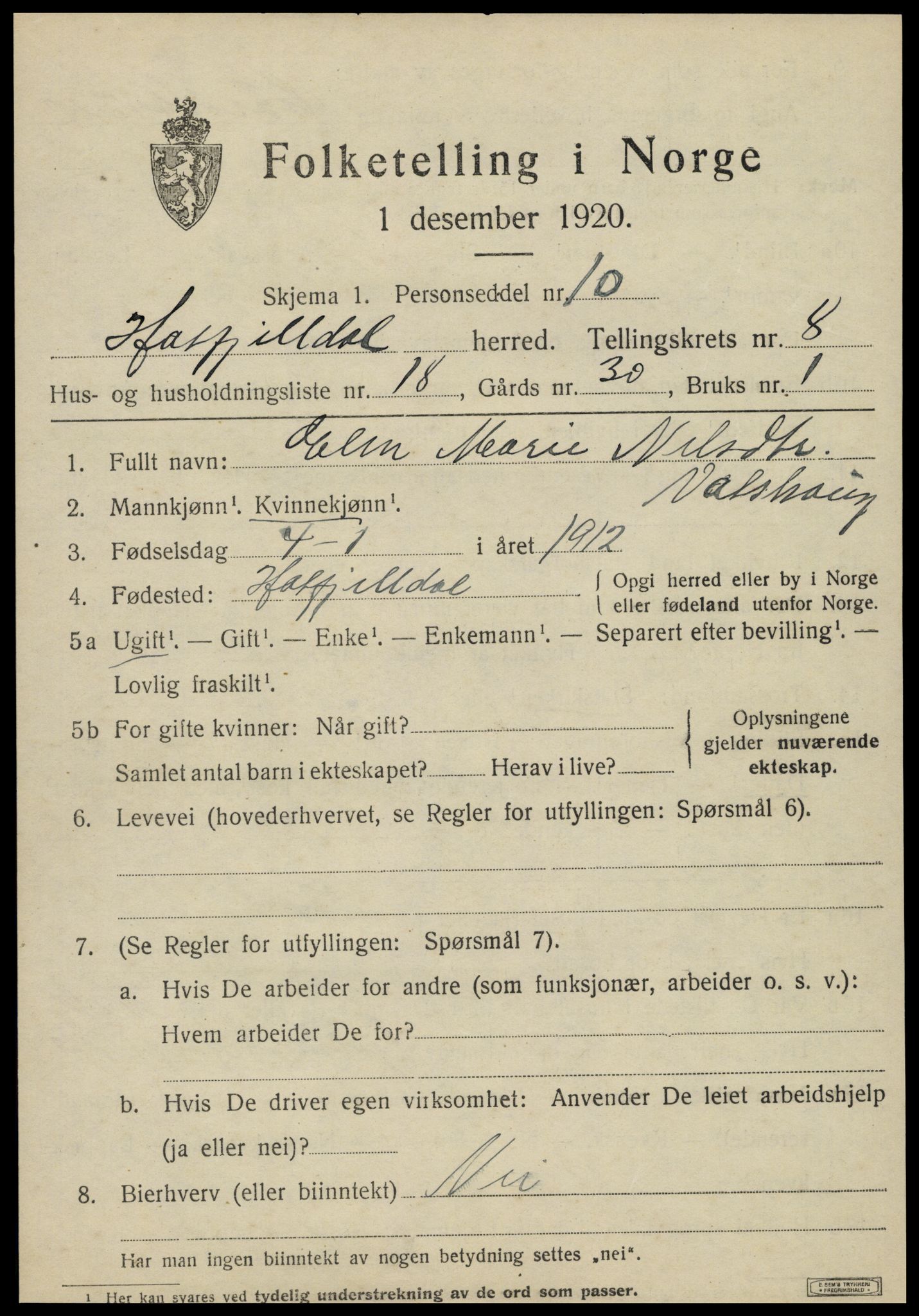 SAT, 1920 census for Hattfjelldal, 1920, p. 2148