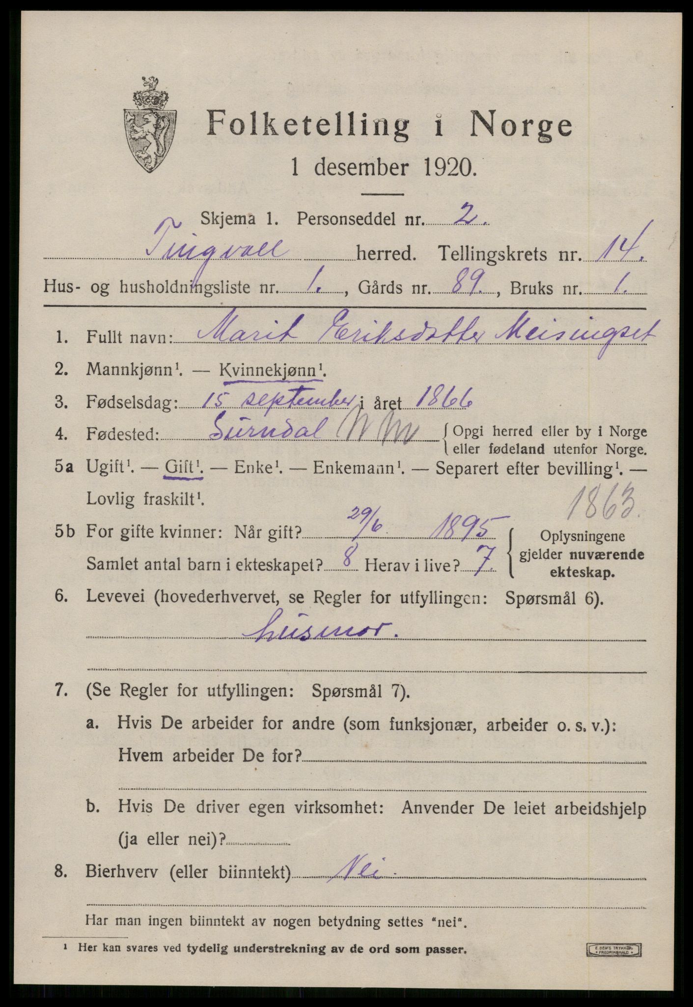 SAT, 1920 census for Tingvoll, 1920, p. 6978