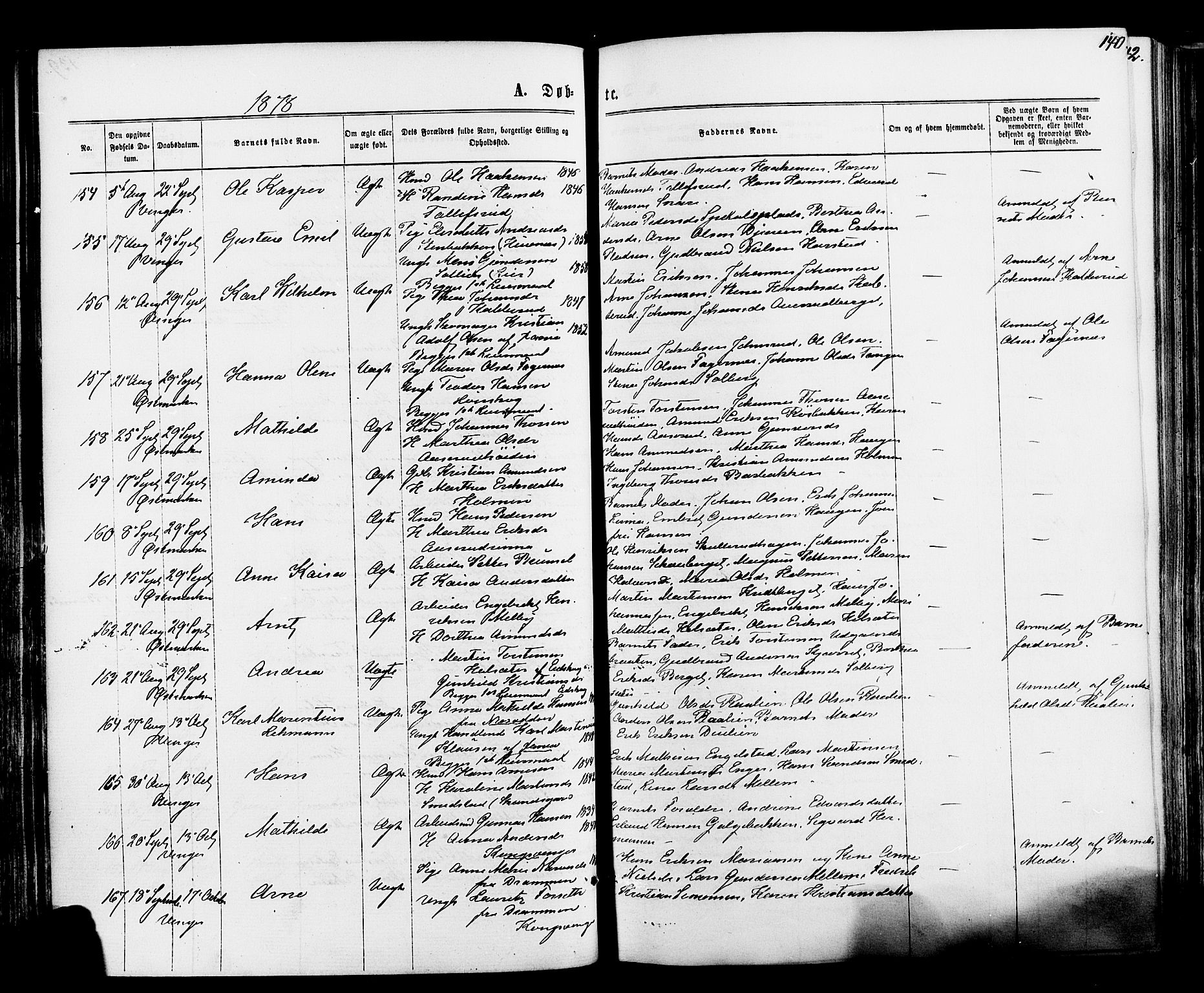 Vinger prestekontor, AV/SAH-PREST-024/H/Ha/Haa/L0012: Parish register (official) no. 12, 1871-1880, p. 140