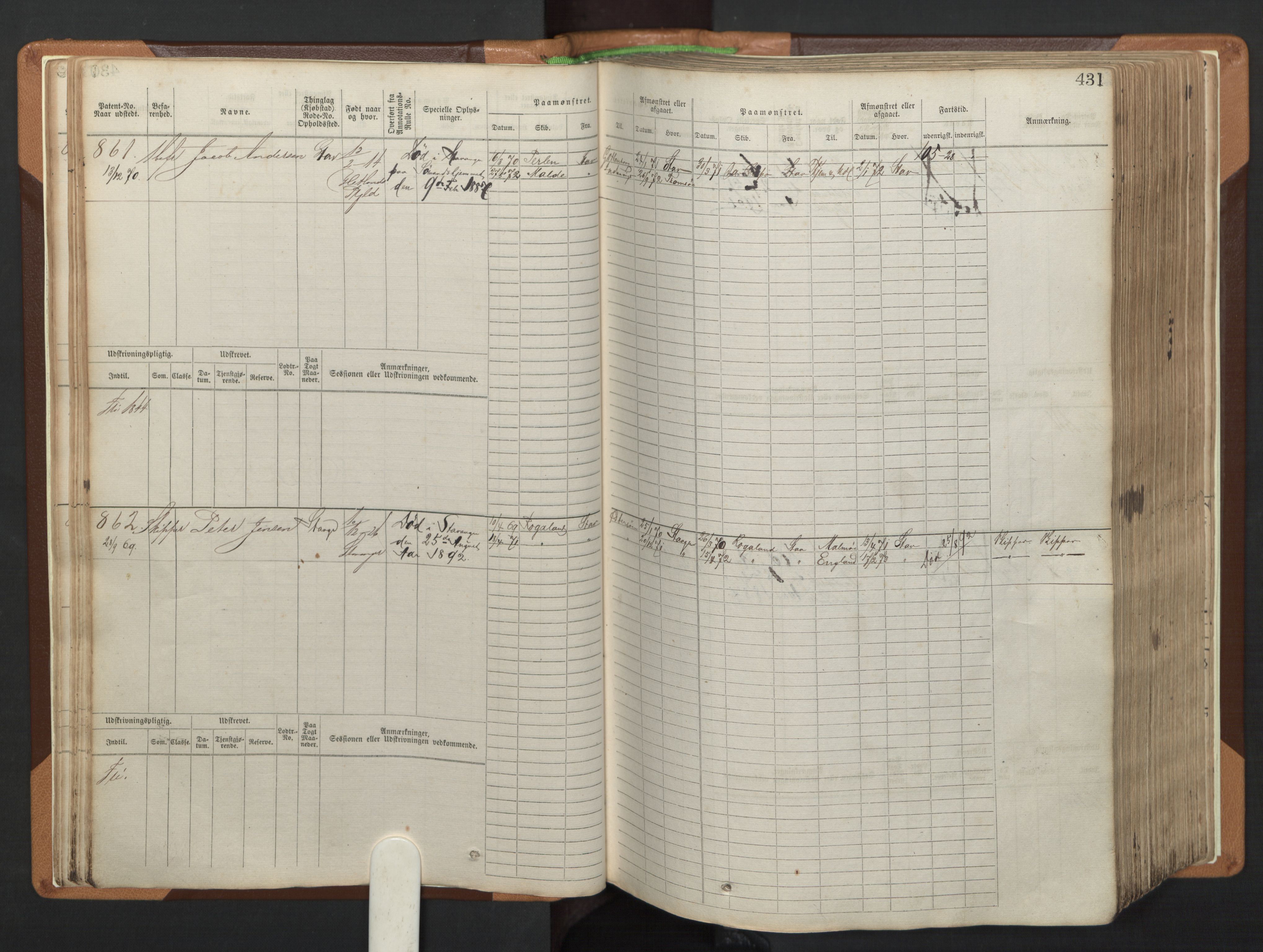 Stavanger sjømannskontor, AV/SAST-A-102006/F/Fb/Fbb/L0005: Sjøfartshovedrulle, patentnr. 793-1606 (del 2), 1869-1880, p. 37