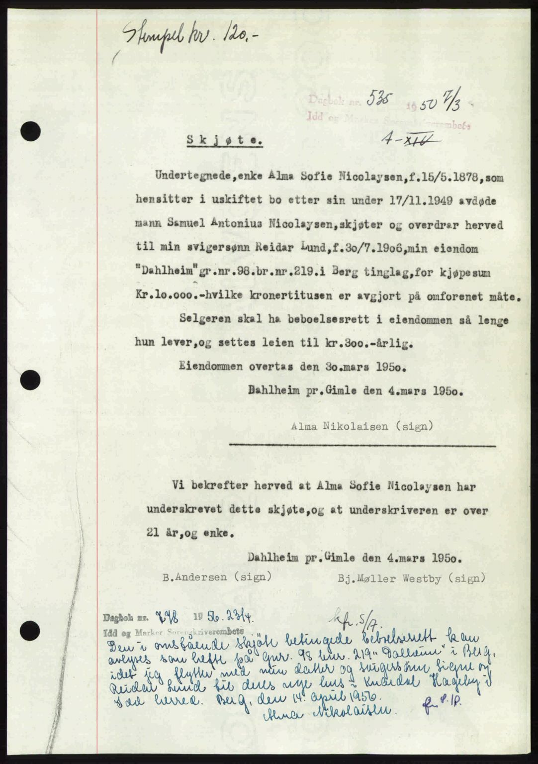 Idd og Marker sorenskriveri, AV/SAO-A-10283/G/Gb/Gbb/L0014: Mortgage book no. A14, 1950-1950, Diary no: : 535/1950