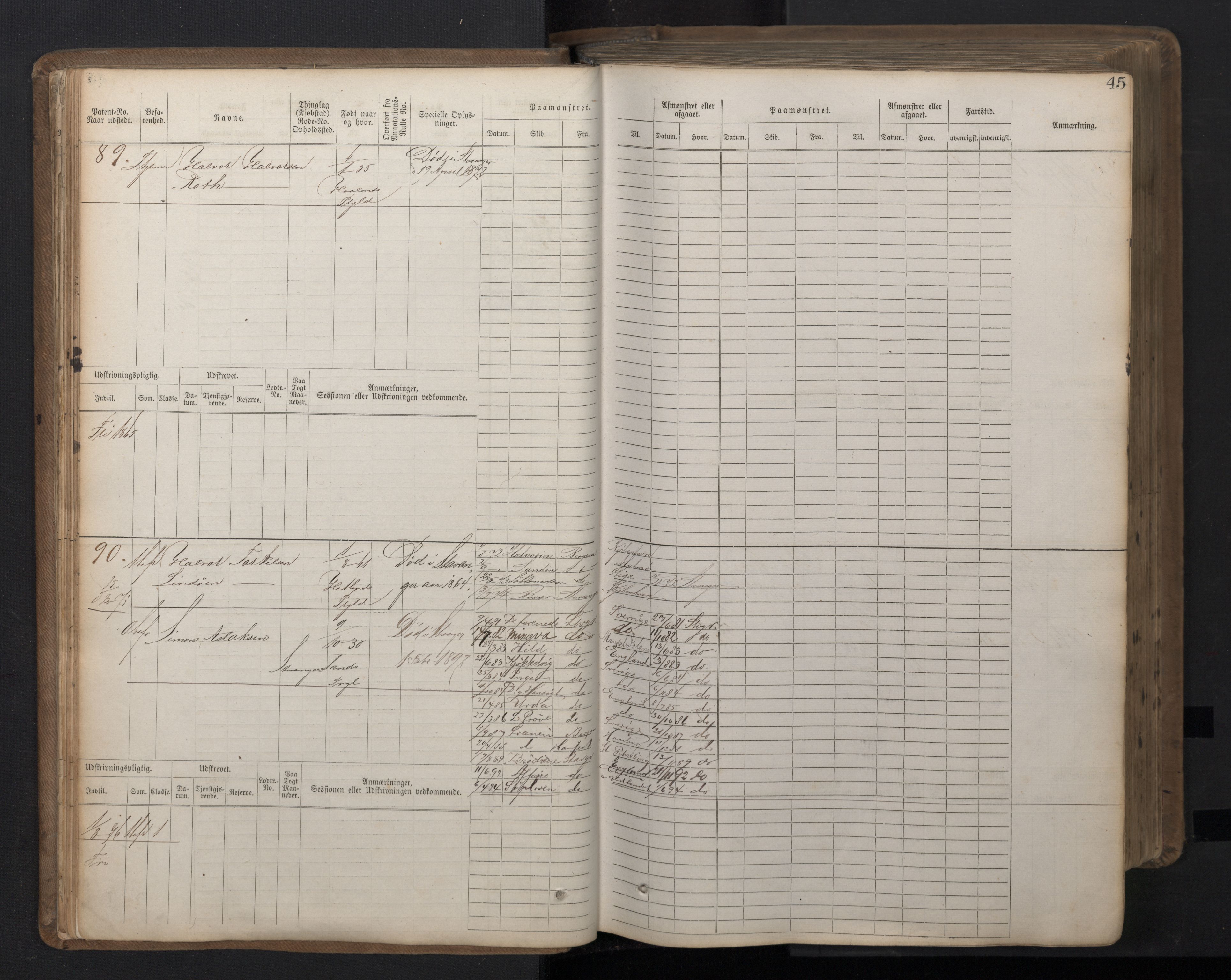 Stavanger sjømannskontor, AV/SAST-A-102006/F/Fb/Fbb/L0016: Sjøfartshovedrulle patnentnr. 1-1202 (dublett), 1869, p. 45