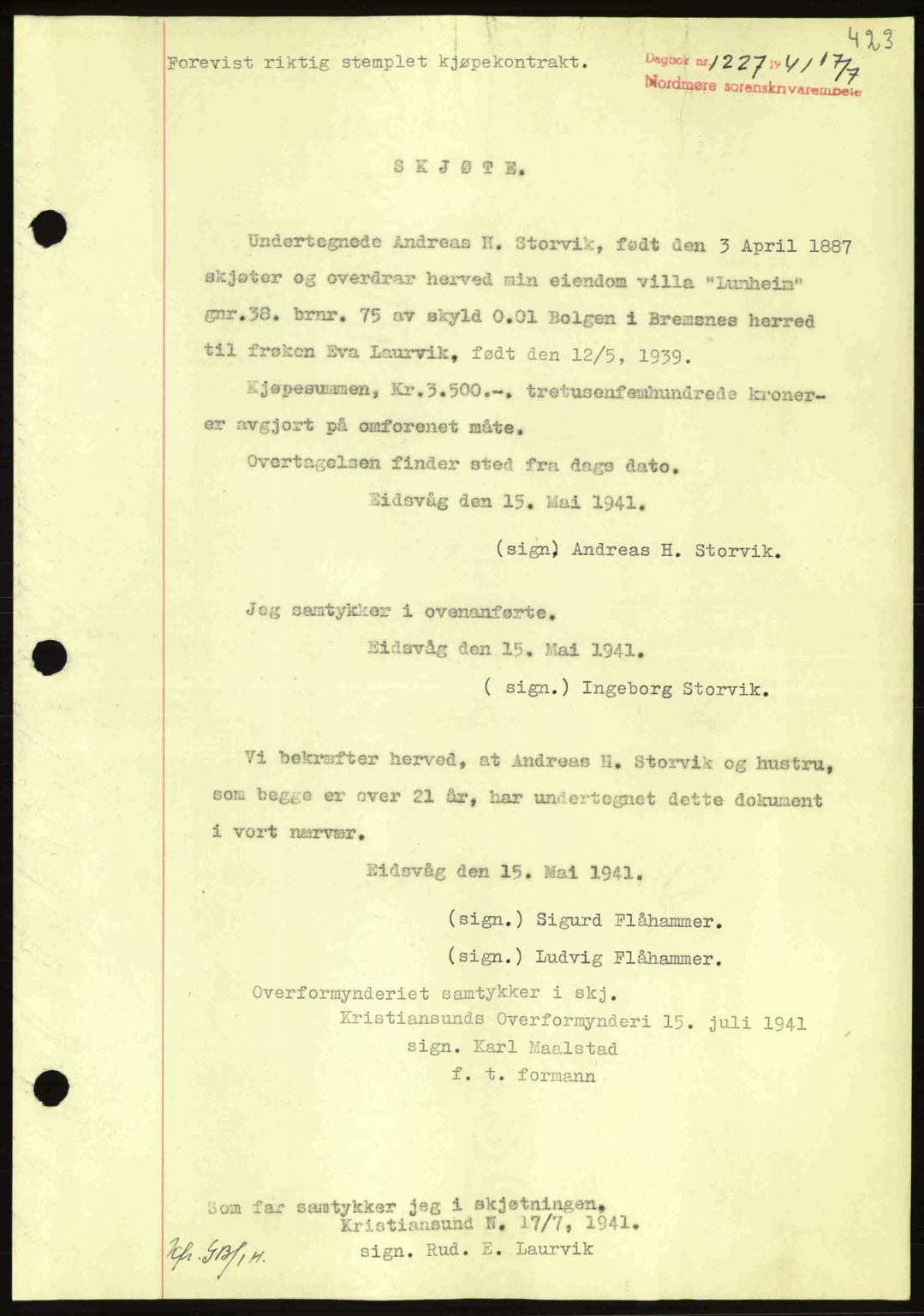 Nordmøre sorenskriveri, SAT/A-4132/1/2/2Ca: Mortgage book no. A90, 1941-1941, Diary no: : 1227/1941
