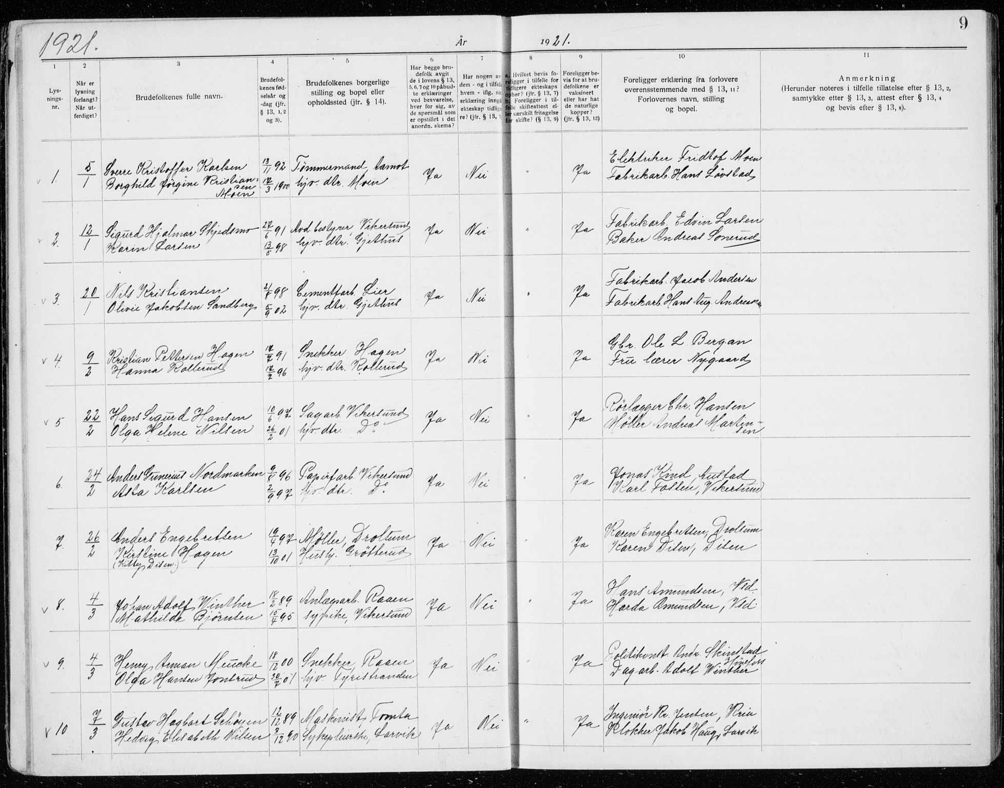 Modum kirkebøker, AV/SAKO-A-234/H/Ha/L0003: Banns register no. I 3, 1920-1934, p. 9