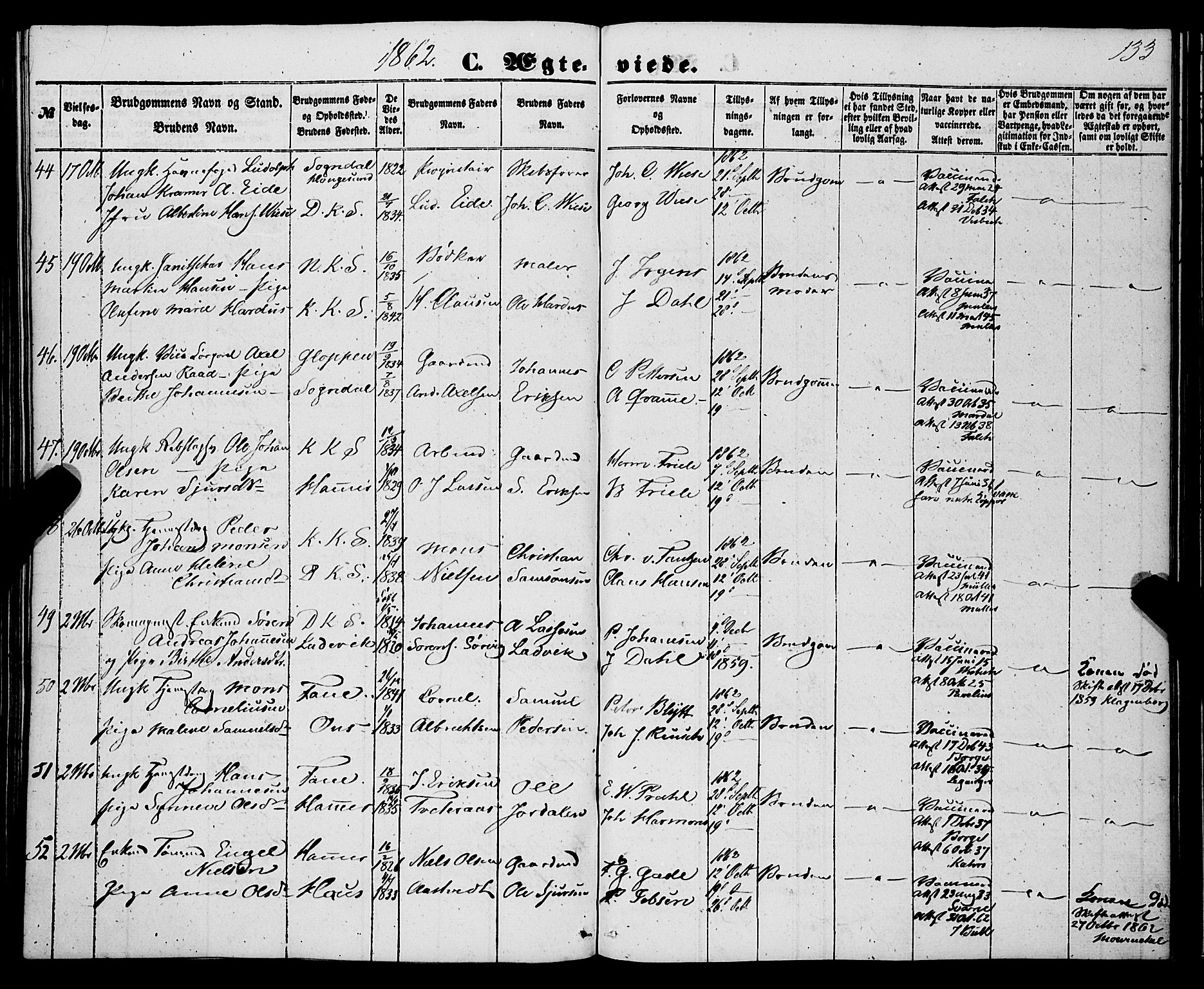 Korskirken sokneprestembete, AV/SAB-A-76101/H/Haa/L0035: Parish register (official) no. D 2, 1852-1867, p. 133