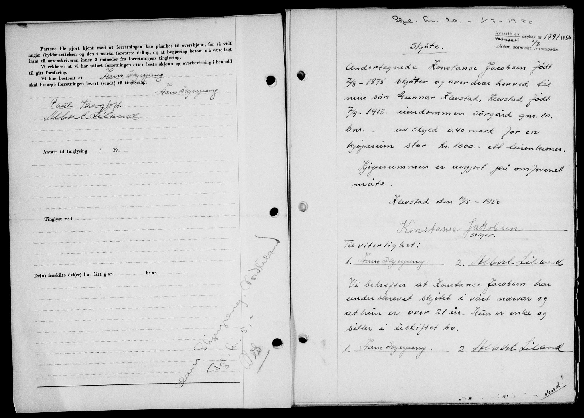 Lofoten sorenskriveri, SAT/A-0017/1/2/2C/L0024a: Mortgage book no. 24a, 1950-1950, Diary no: : 1791/1950