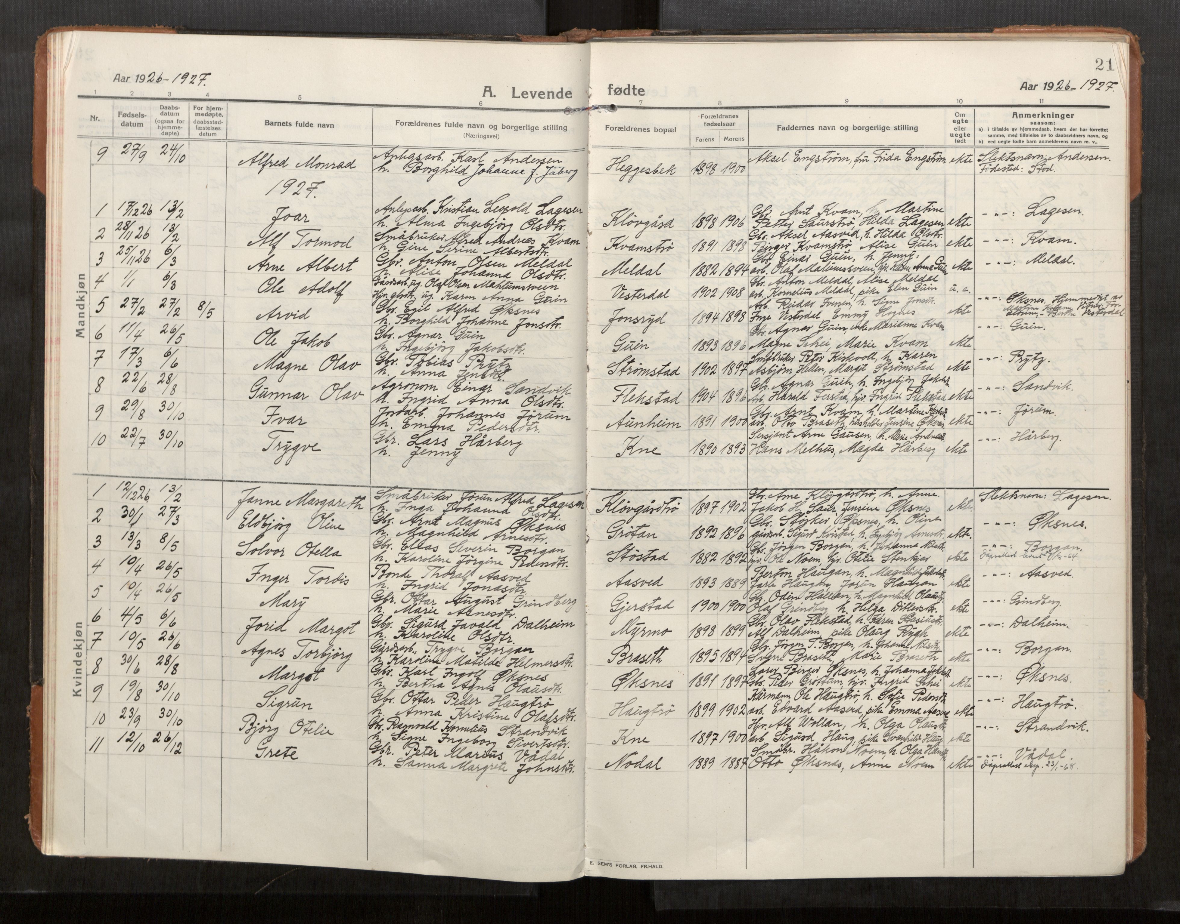 Stod sokneprestkontor, SAT/A-1164/1/I/I1/I1a/L0004: Parish register (official) no. 4, 1913-1933, p. 21