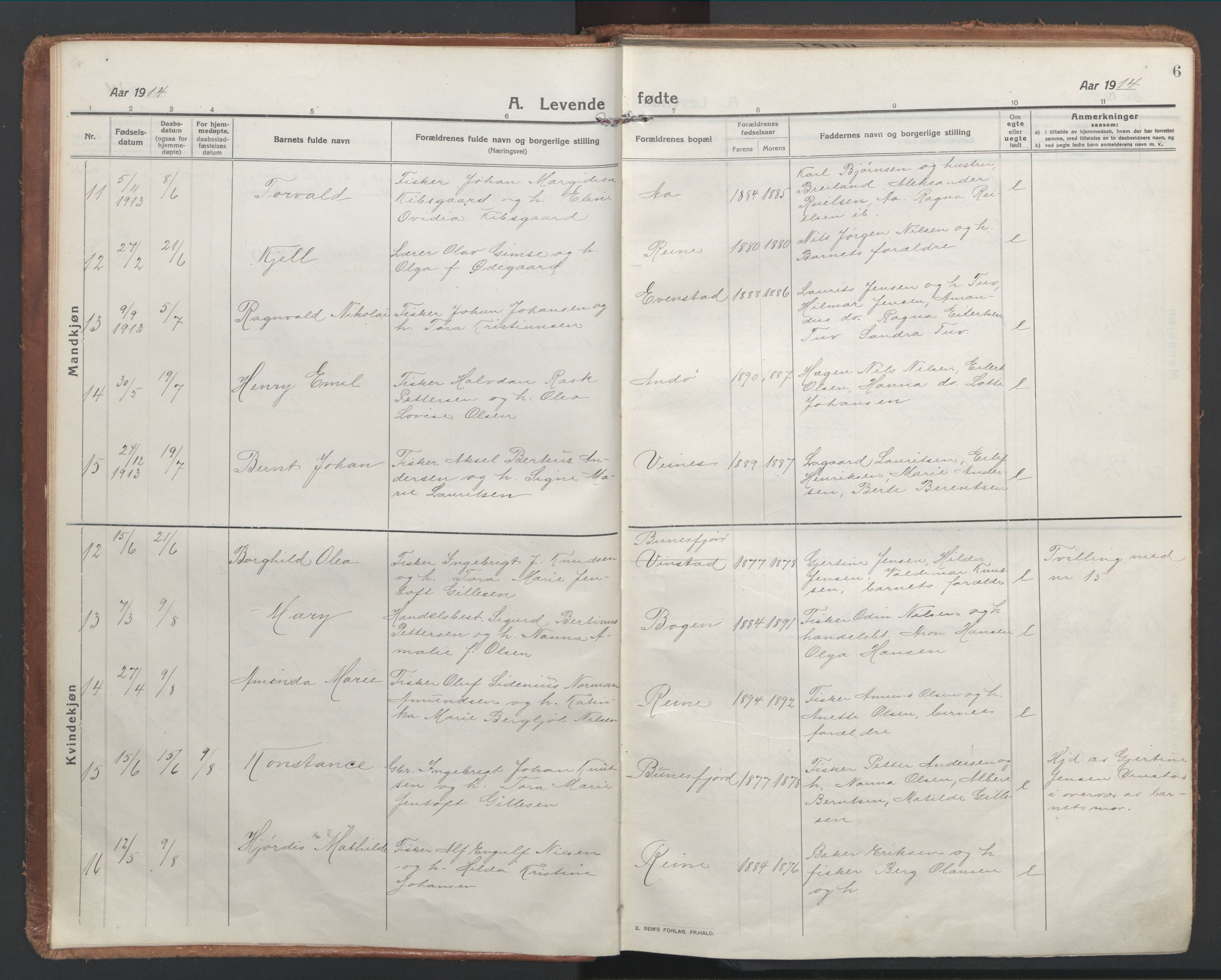 Ministerialprotokoller, klokkerbøker og fødselsregistre - Nordland, SAT/A-1459/886/L1222: Parish register (official) no. 886A04, 1914-1926, p. 6