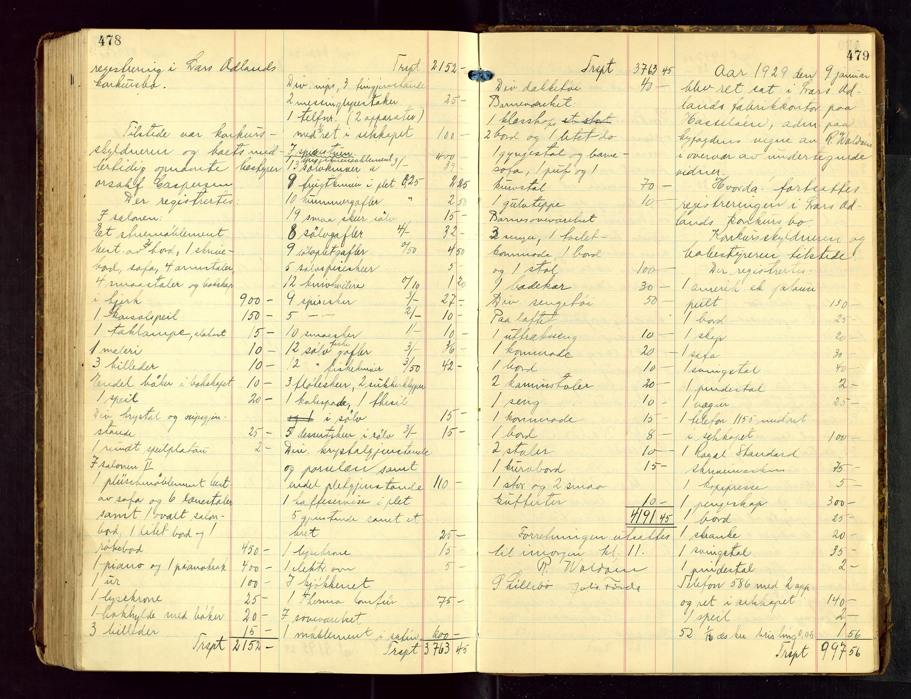 Haugesund tingrett, AV/SAST-A-101415/01/IV/IVB/L0005: Skifteregistreringsprotokoll, med register, 1923-1929, p. 478-479