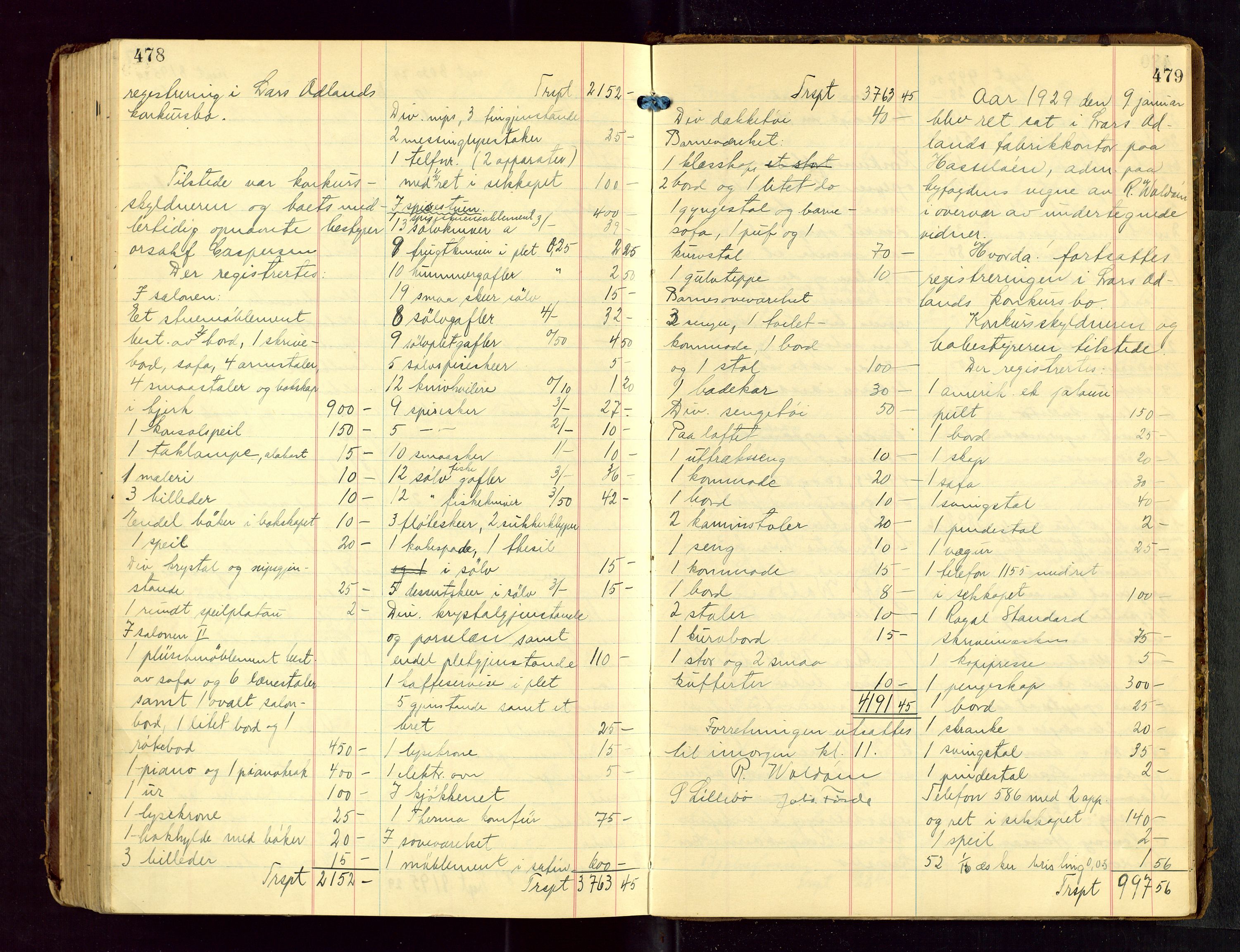 Haugesund tingrett, SAST/A-101415/01/IV/IVB/L0005: Skifteregistreringsprotokoll, med register, 1923-1929, p. 478-479