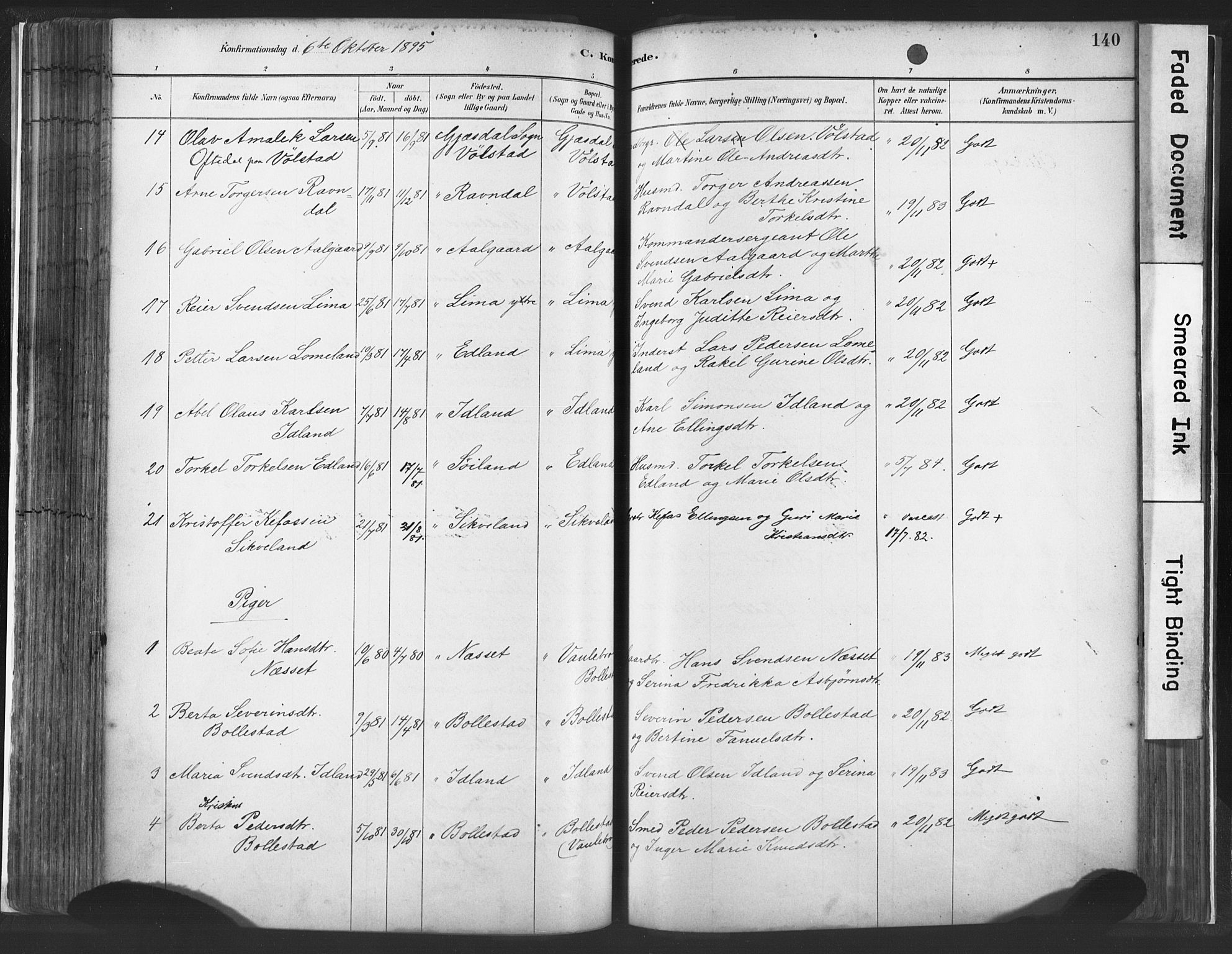 Lye sokneprestkontor, AV/SAST-A-101794/001/30BA/L0010: Parish register (official) no. A 10, 1881-1896, p. 140